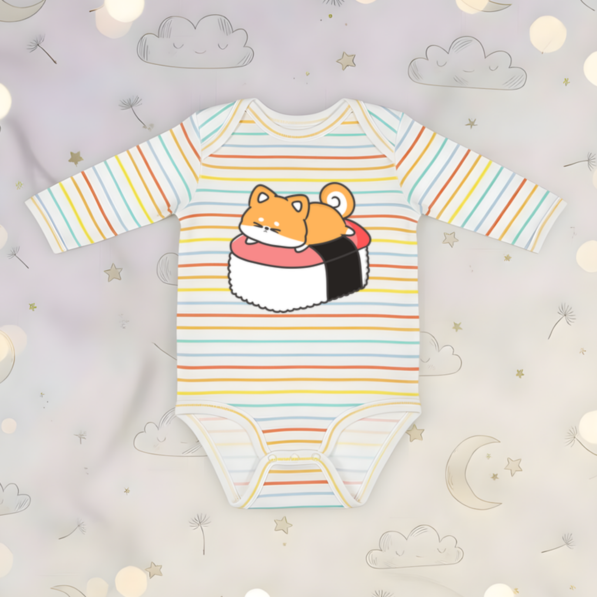 Puppy on Sushi Bed Long Sleeve Onesie
