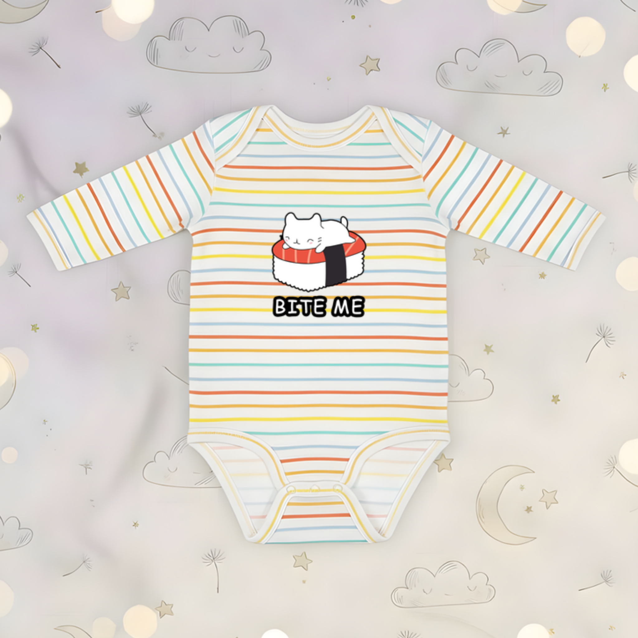 Bite Me White Kitten on Sushi Bed Long Sleeve Onesie