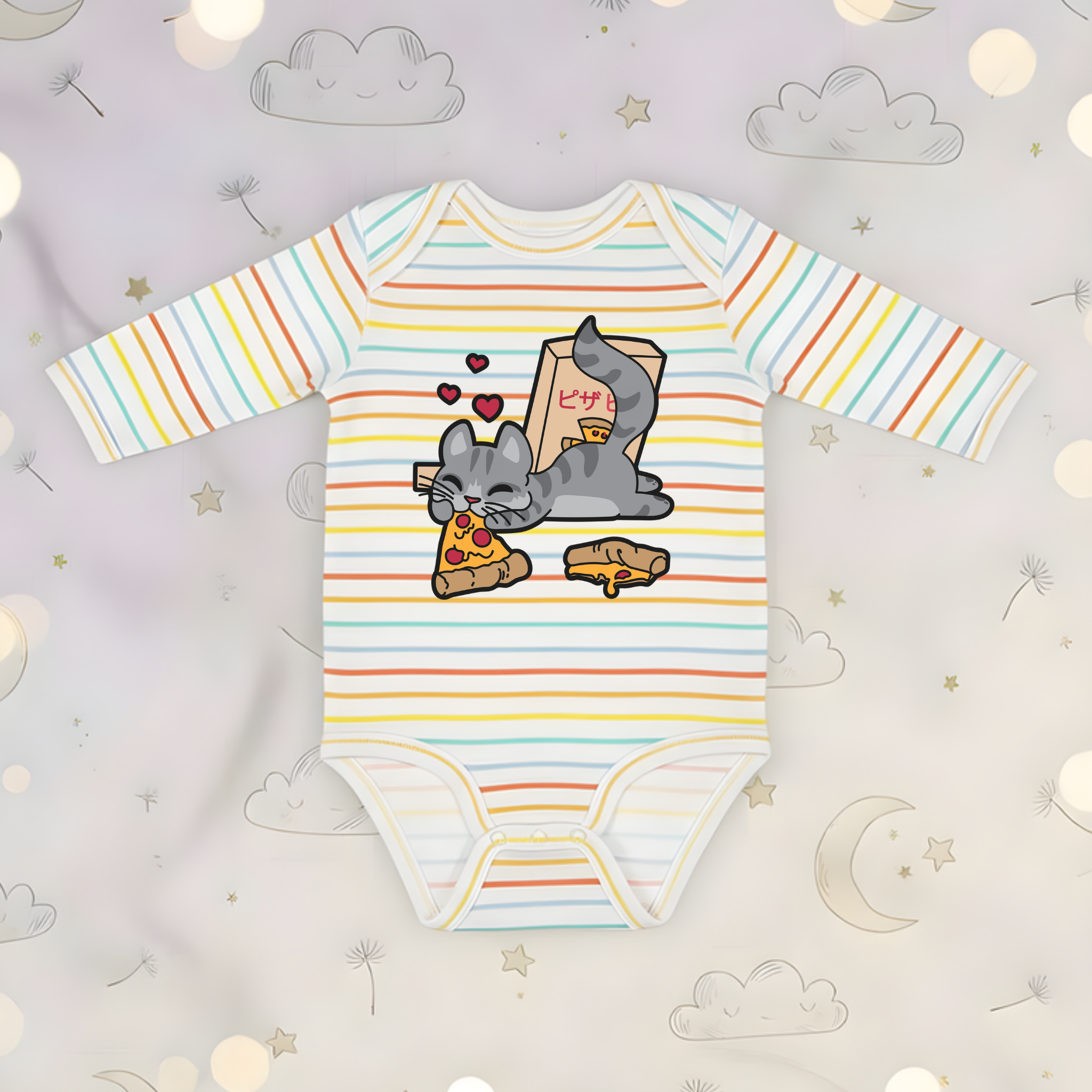 Cat Eating Pizza Long Sleeve Onesie