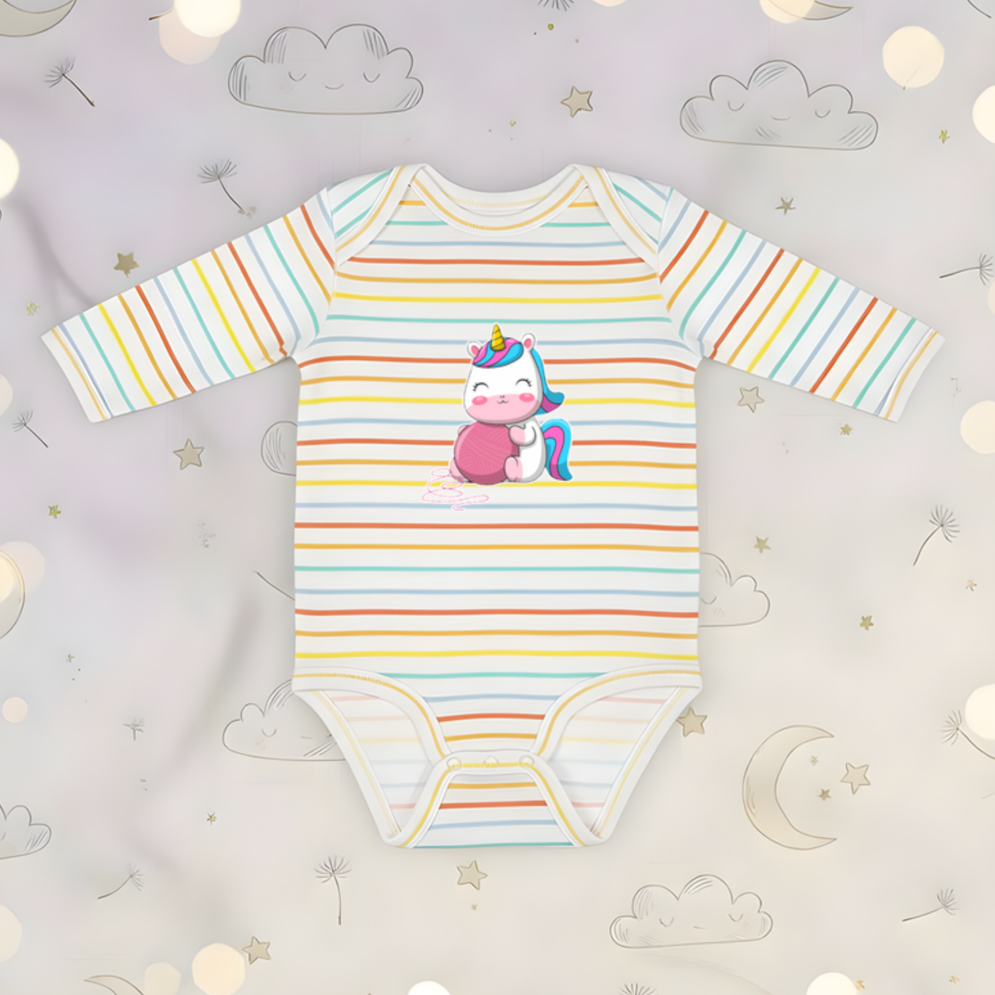 Rainbow Baby Unicorn with Yarn Long Sleeve Onesie