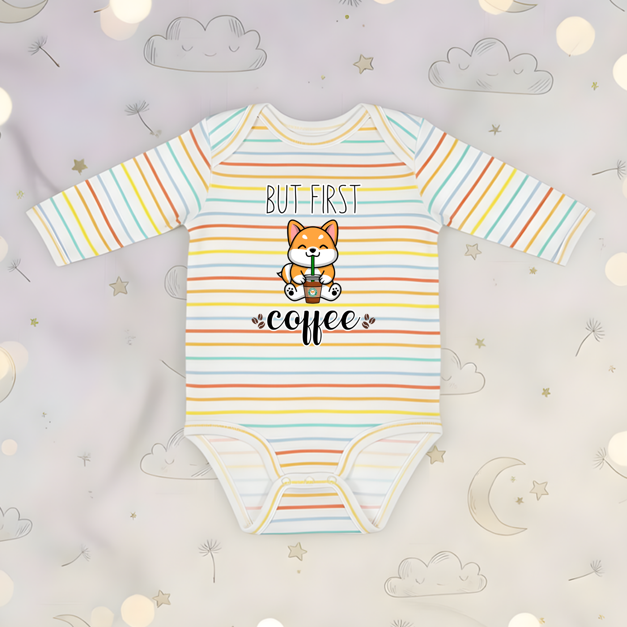 But First Coffee Puppy Drinking Coffee (No Tongue) Long Sleeve Onesie