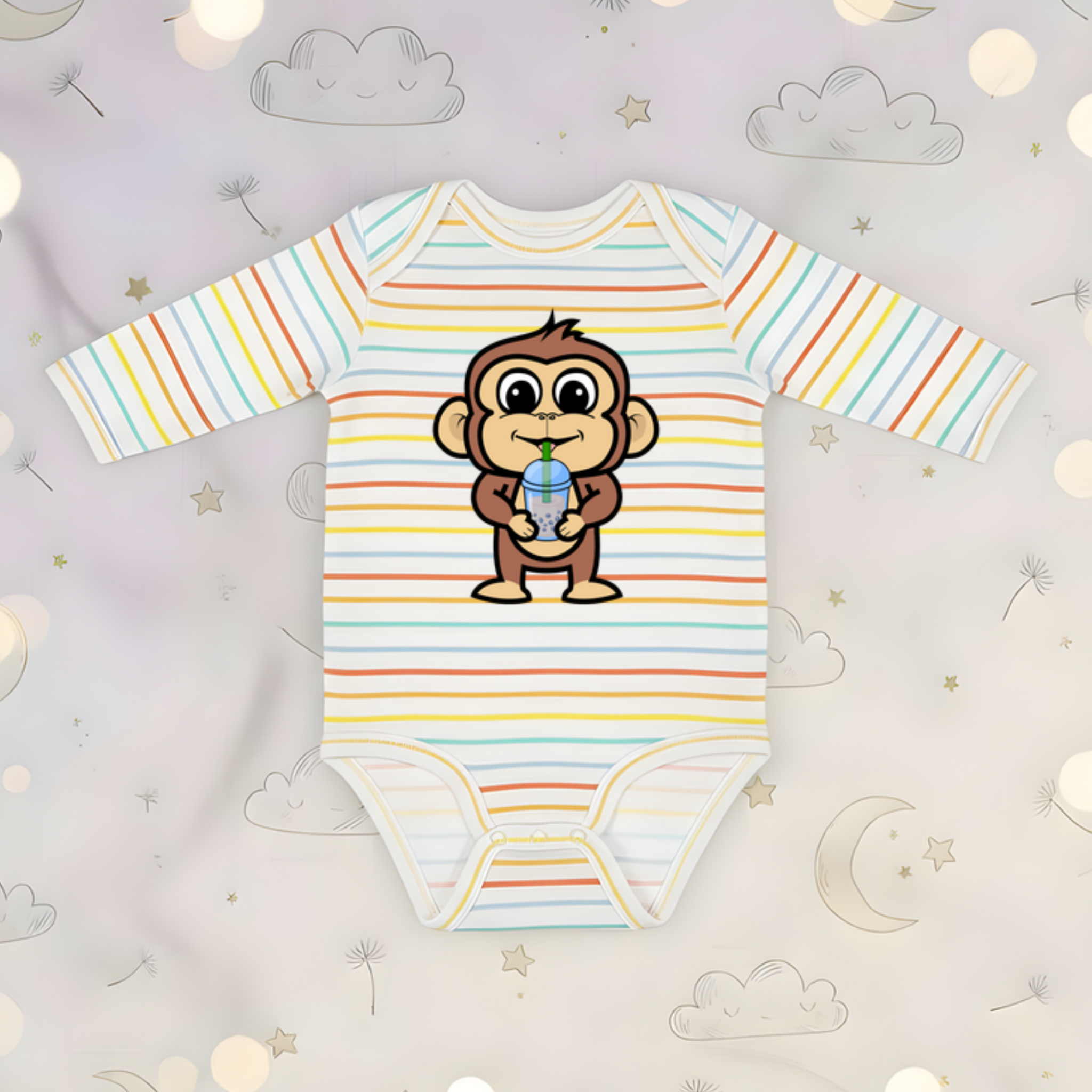 Monkey Drinking Boba Tea Long Sleeve Onesie