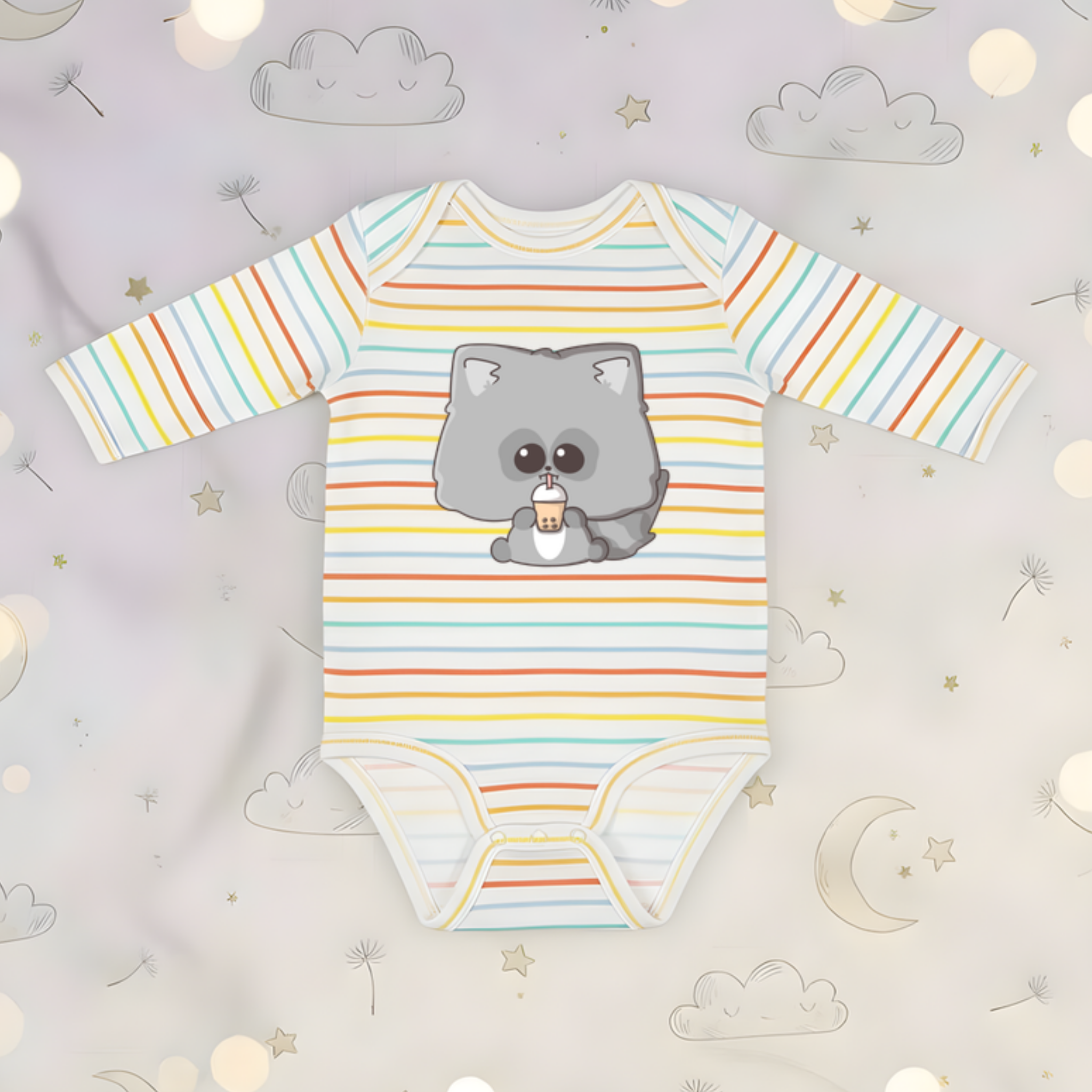 Raccoon Drinking Boba Tea Long Sleeve Onesie