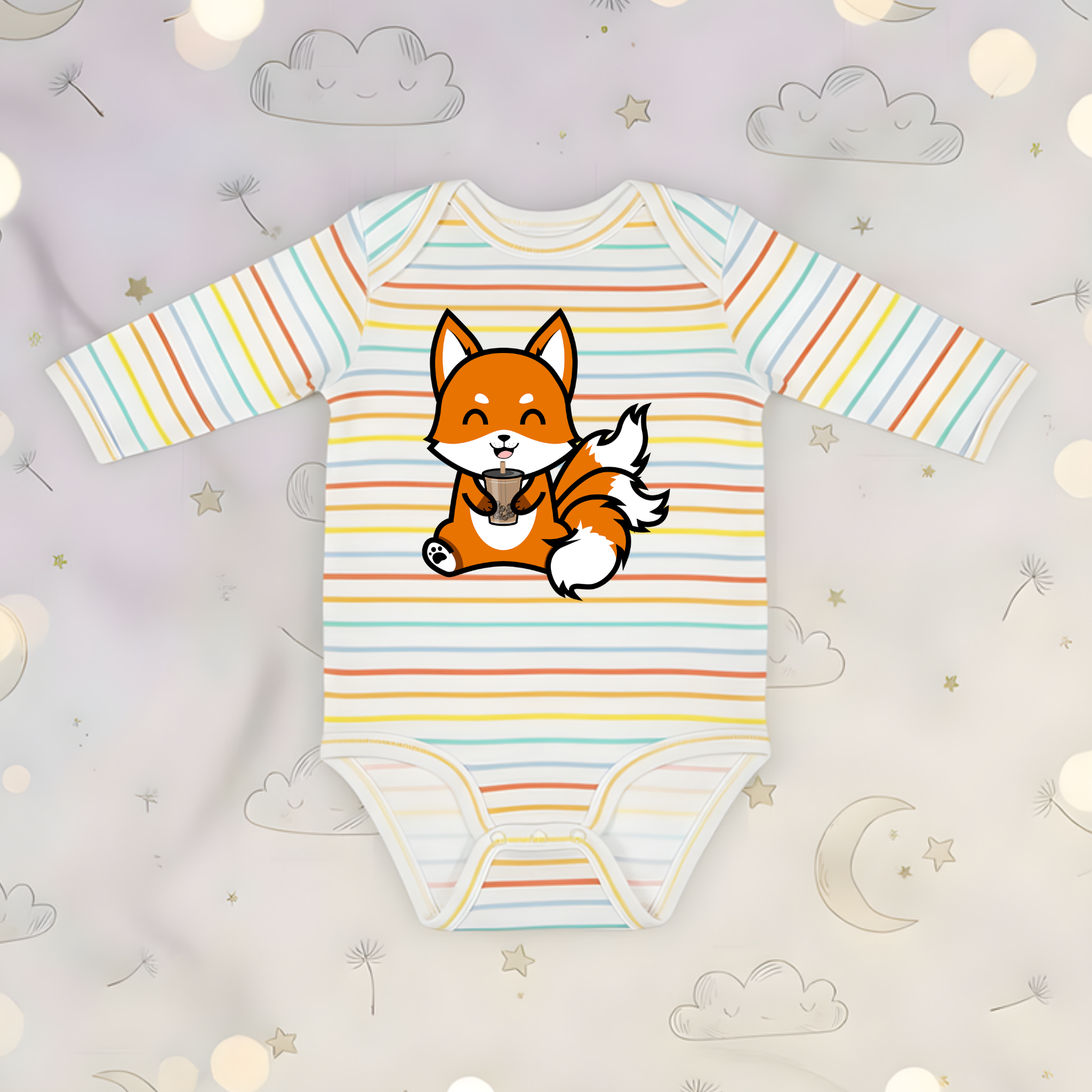 3-Tailed Fox Drinking Boba Tea Long Sleeve Onesie