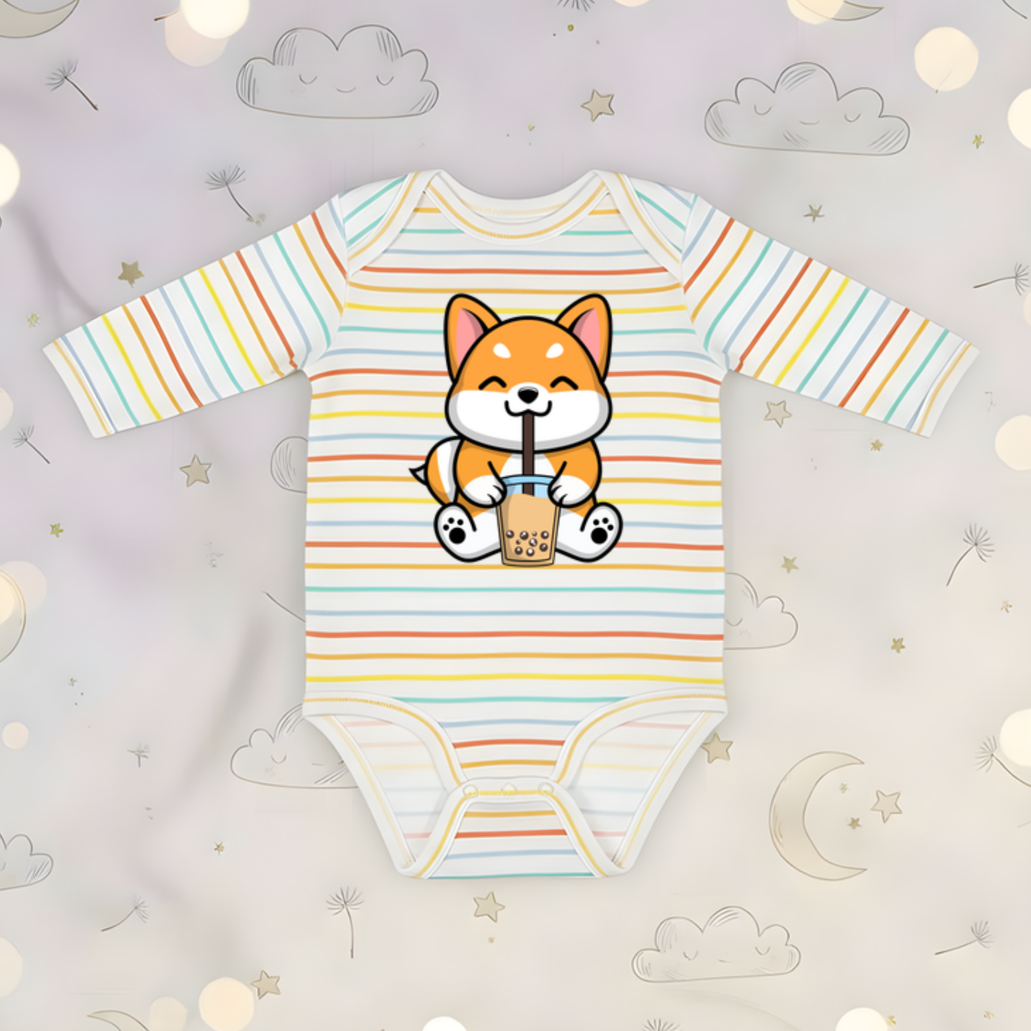 Puppy Drinking Boba Tea Long Sleeve Onesie