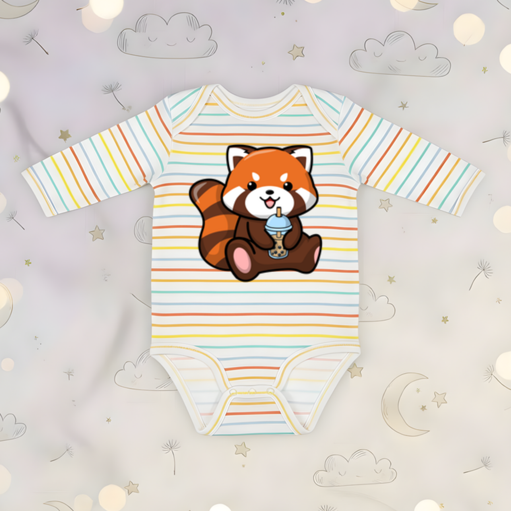 Red Panda Drinking Boba Tea Long Sleeve Onesie