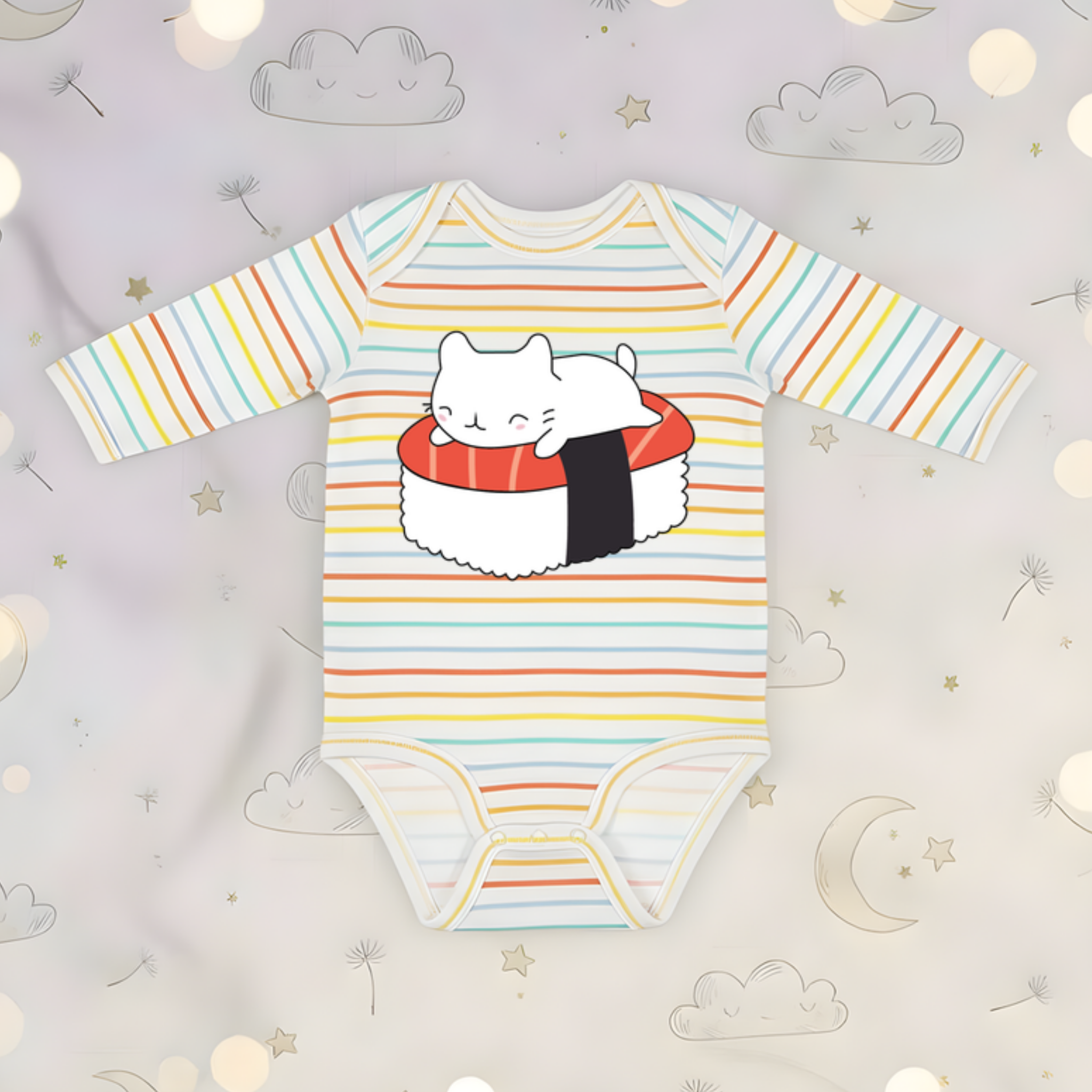 White Kitten on Sushi Bed Long Sleeve Onesie