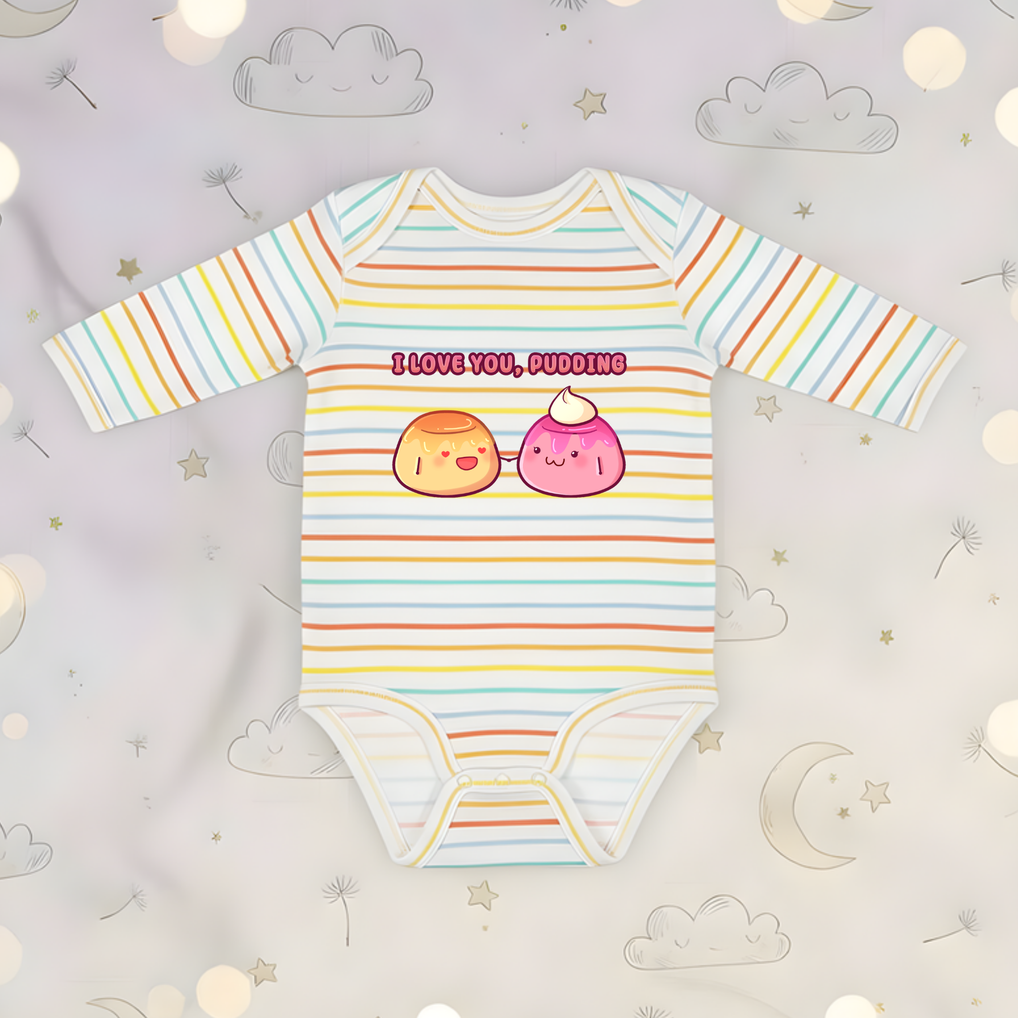 I Love You, Pudding Flan and Pudding Couple Long Sleeve Onesie
