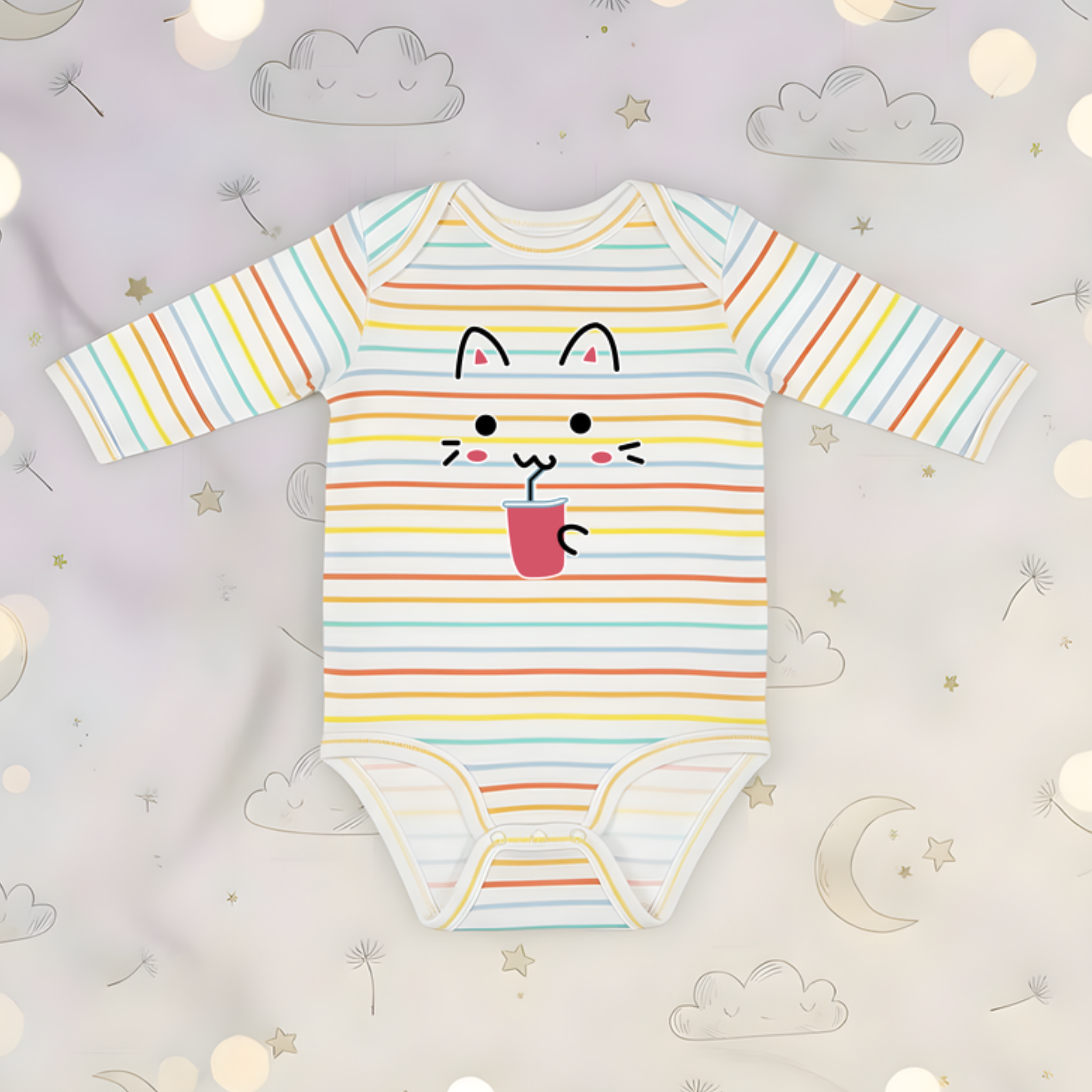 Kitten Drinking Boba Tea Long Sleeve Onesie