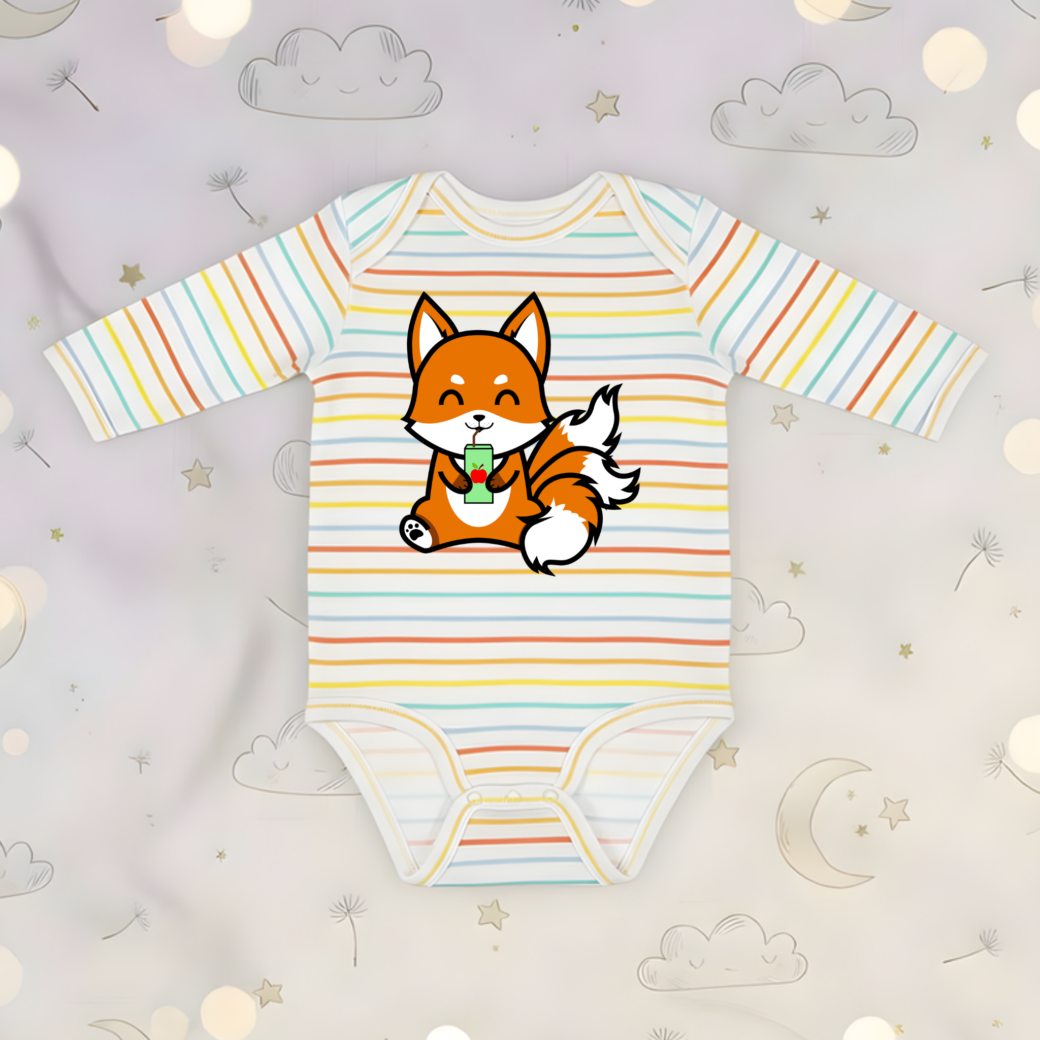 3-Tailed Fox Drinking Apple Juice Long Sleeve Onesie