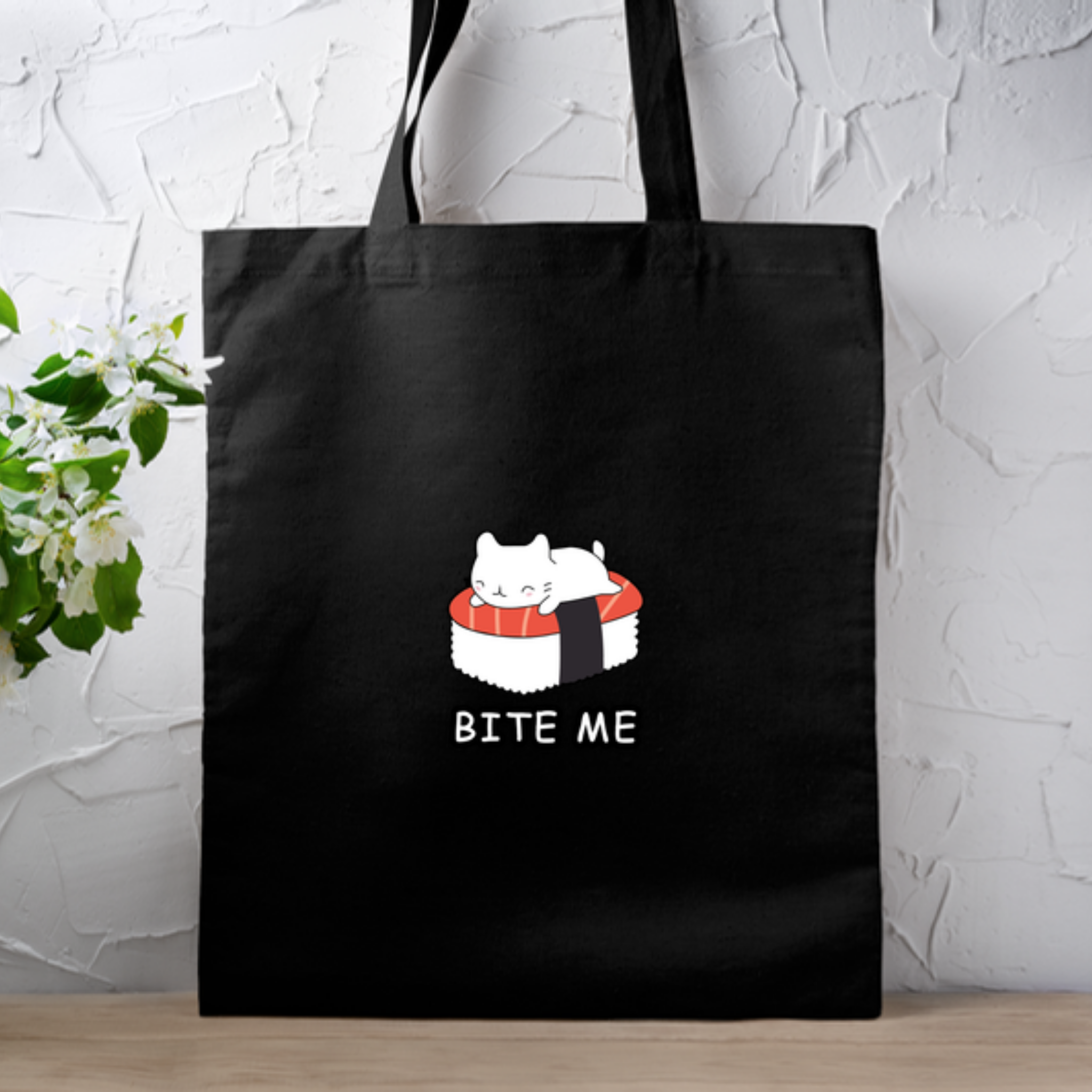 Bite Me White Kitten on Sushi Bed Tote Bag