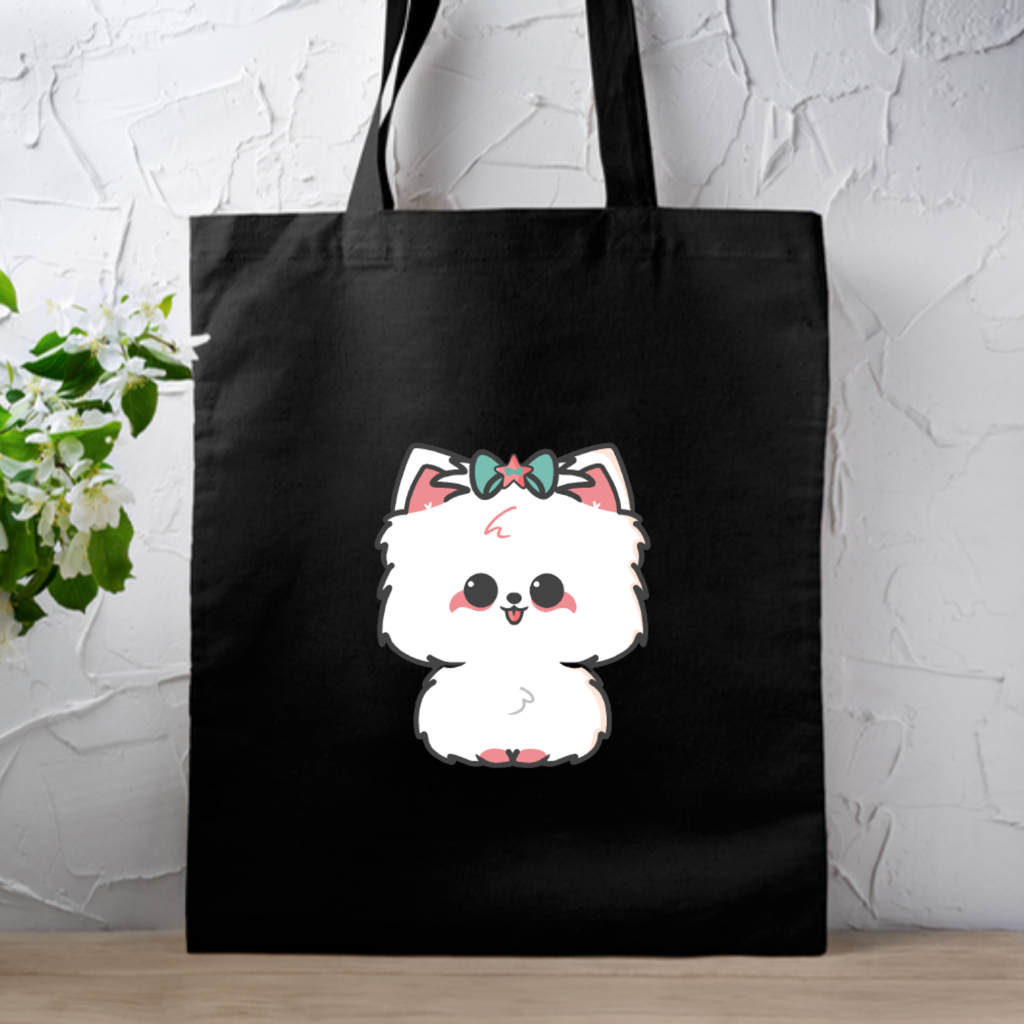 White Puppy with Bow Tote Bag
