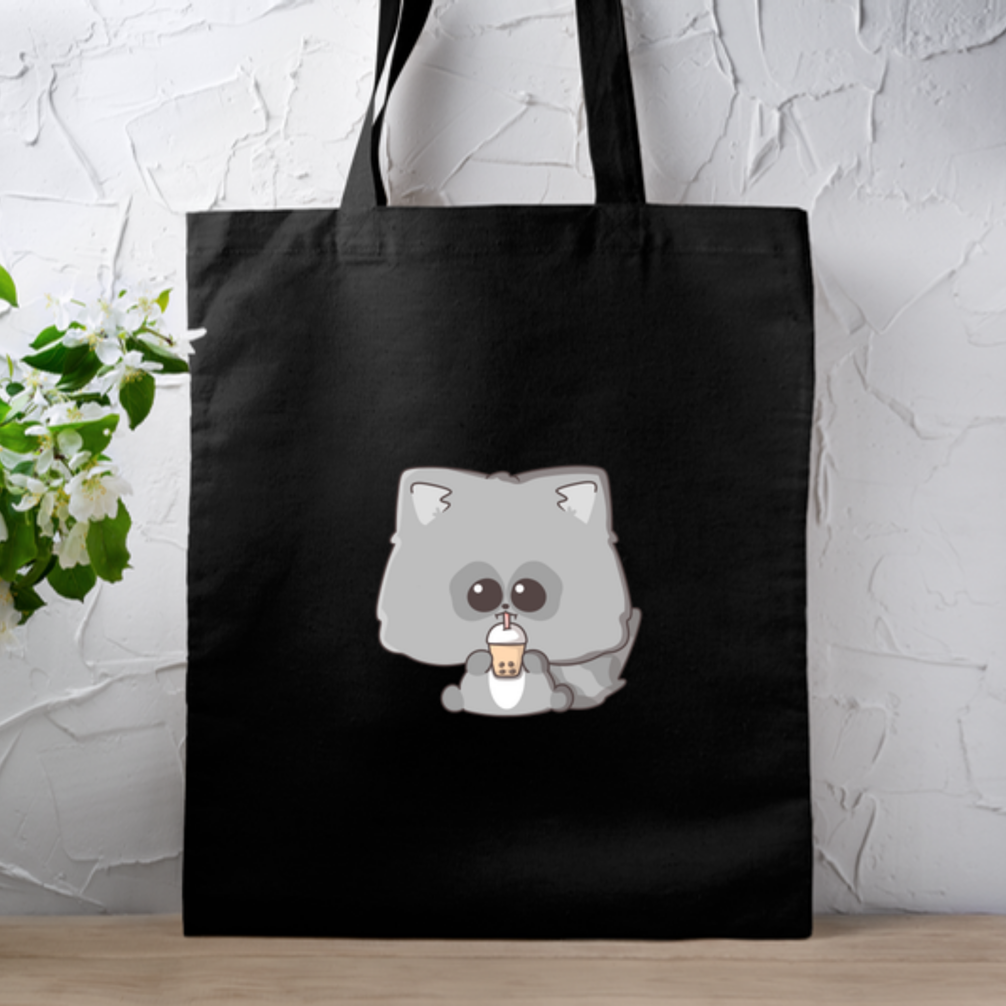 Raccoon Drinking Boba Tea Tote Bag