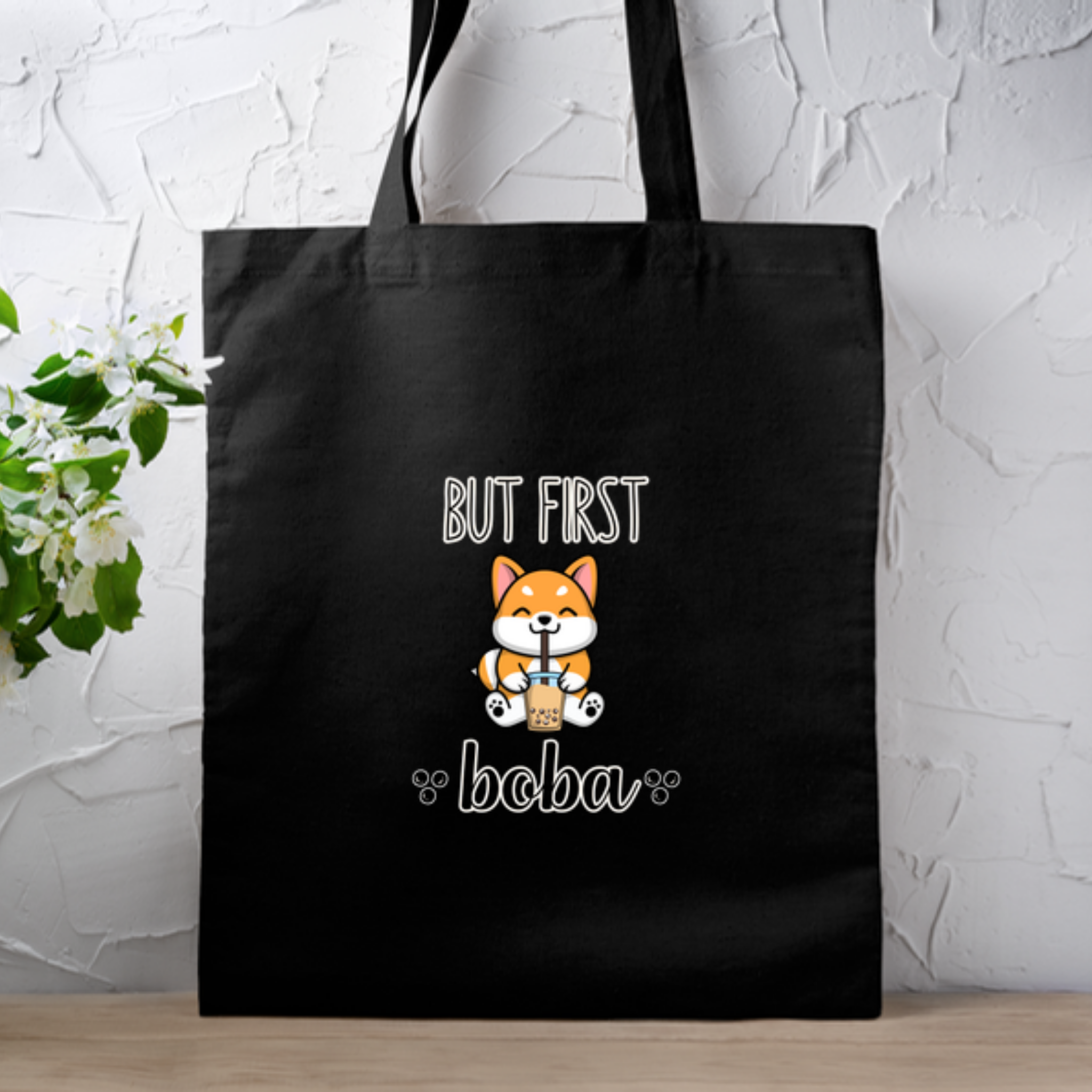 But First Boba Puppy Drinking Boba  Tote Bag