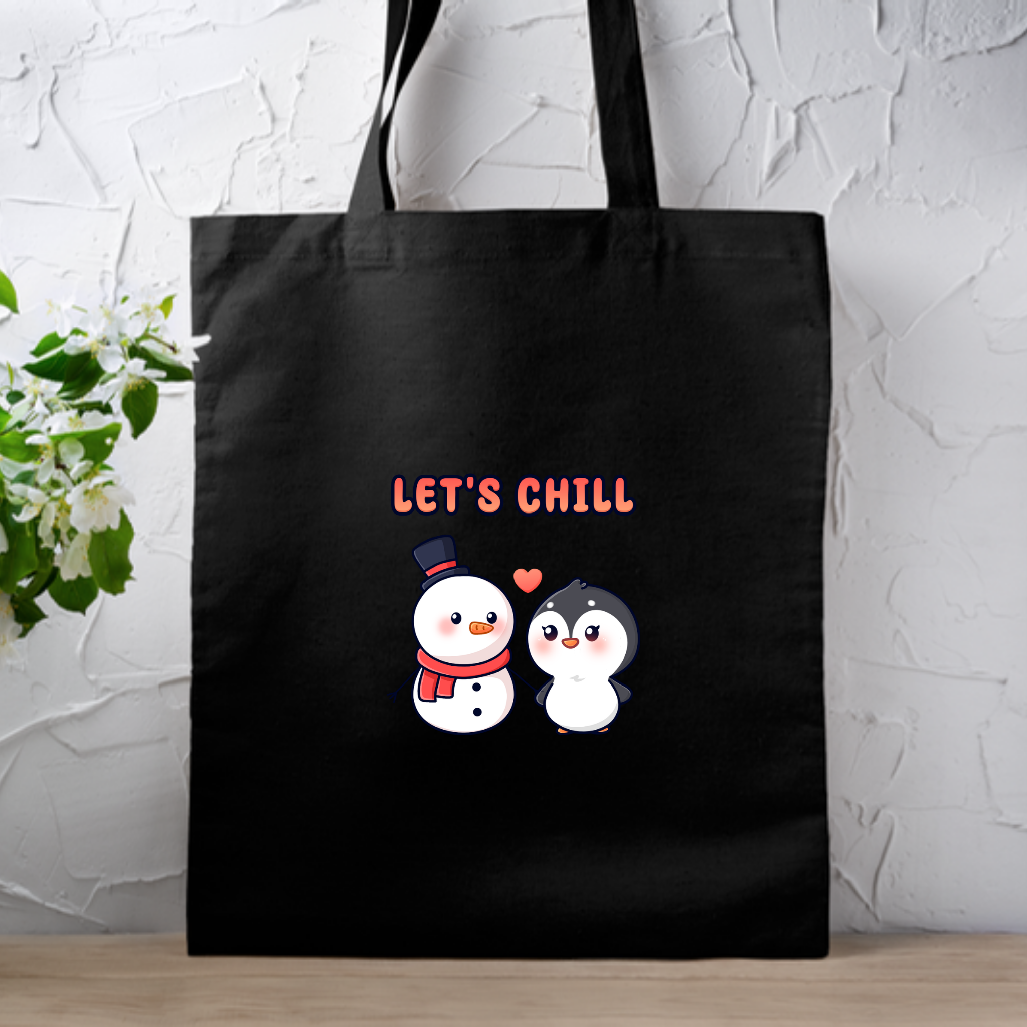 Let's Chill Snowman and Penguin Couple Tote Bag