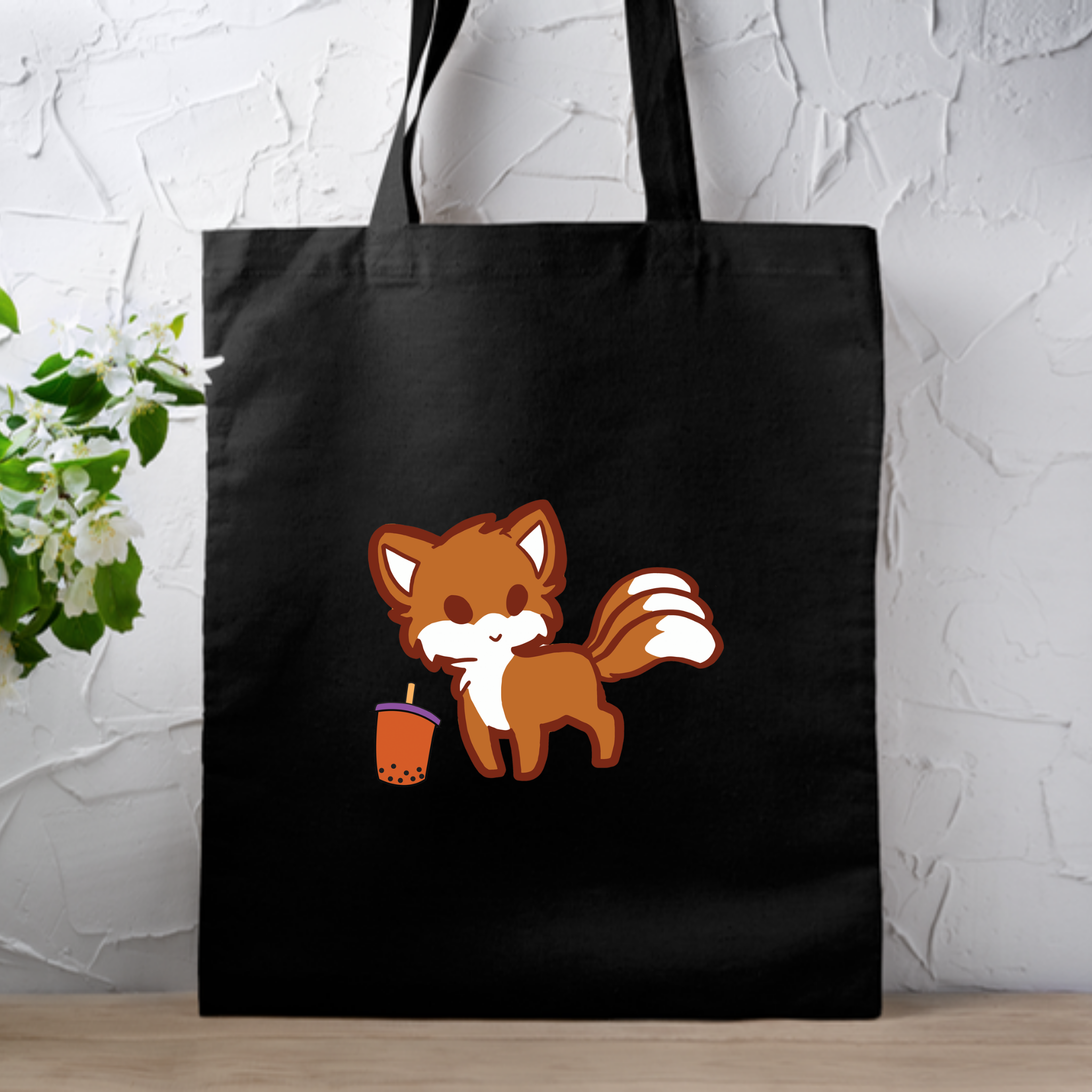 Fox Drinking Boba Tea Tote Bag