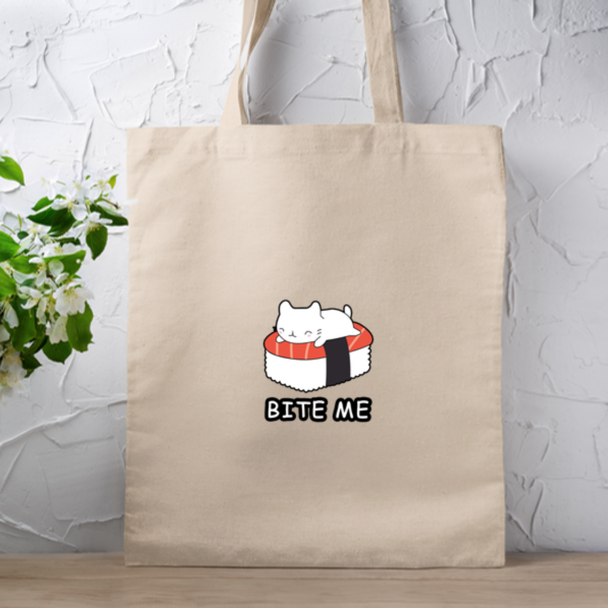 Bite Me White Kitten on Sushi Bed Tote Bag