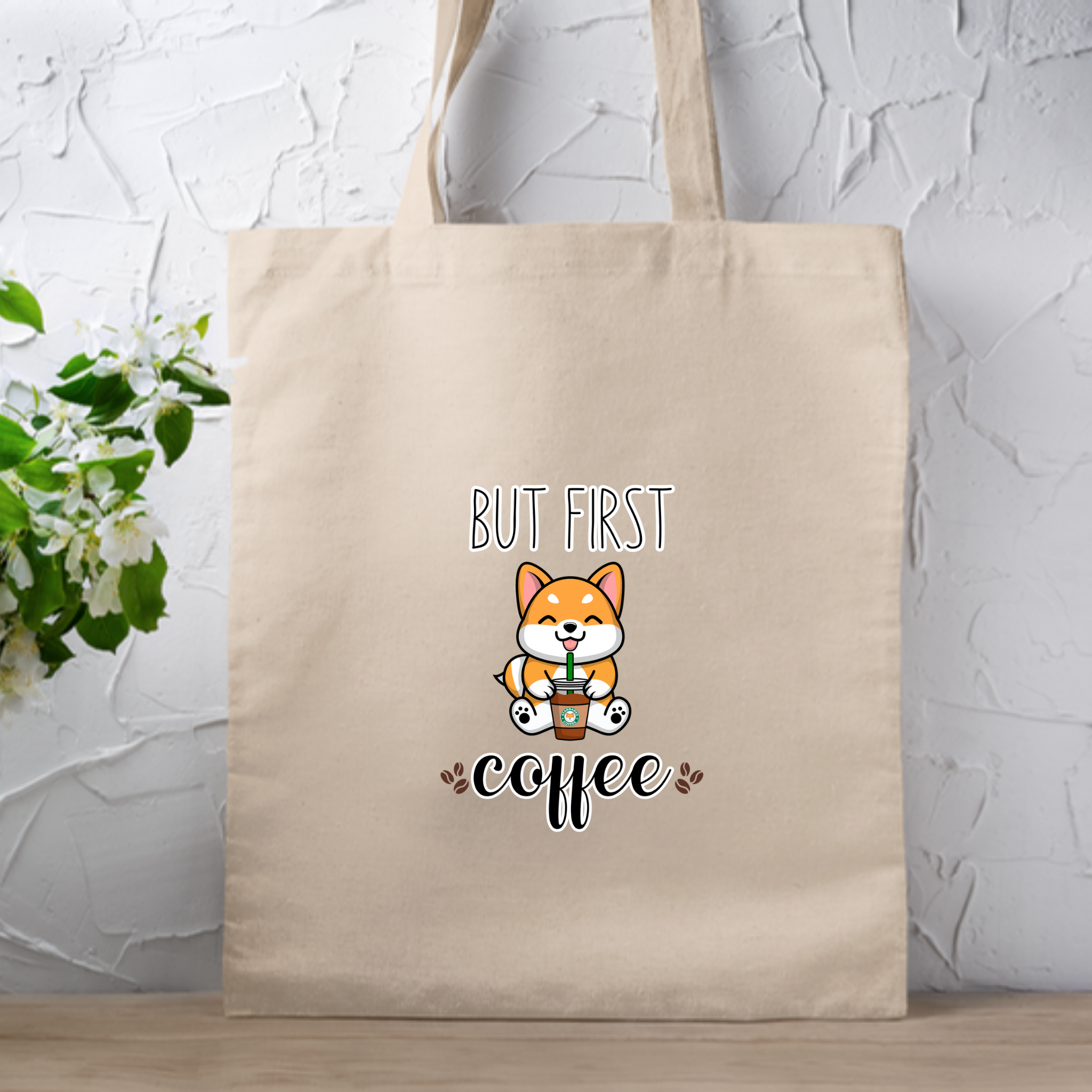 But First Coffee Puppy with Coffee (Tongue) Tote Bag