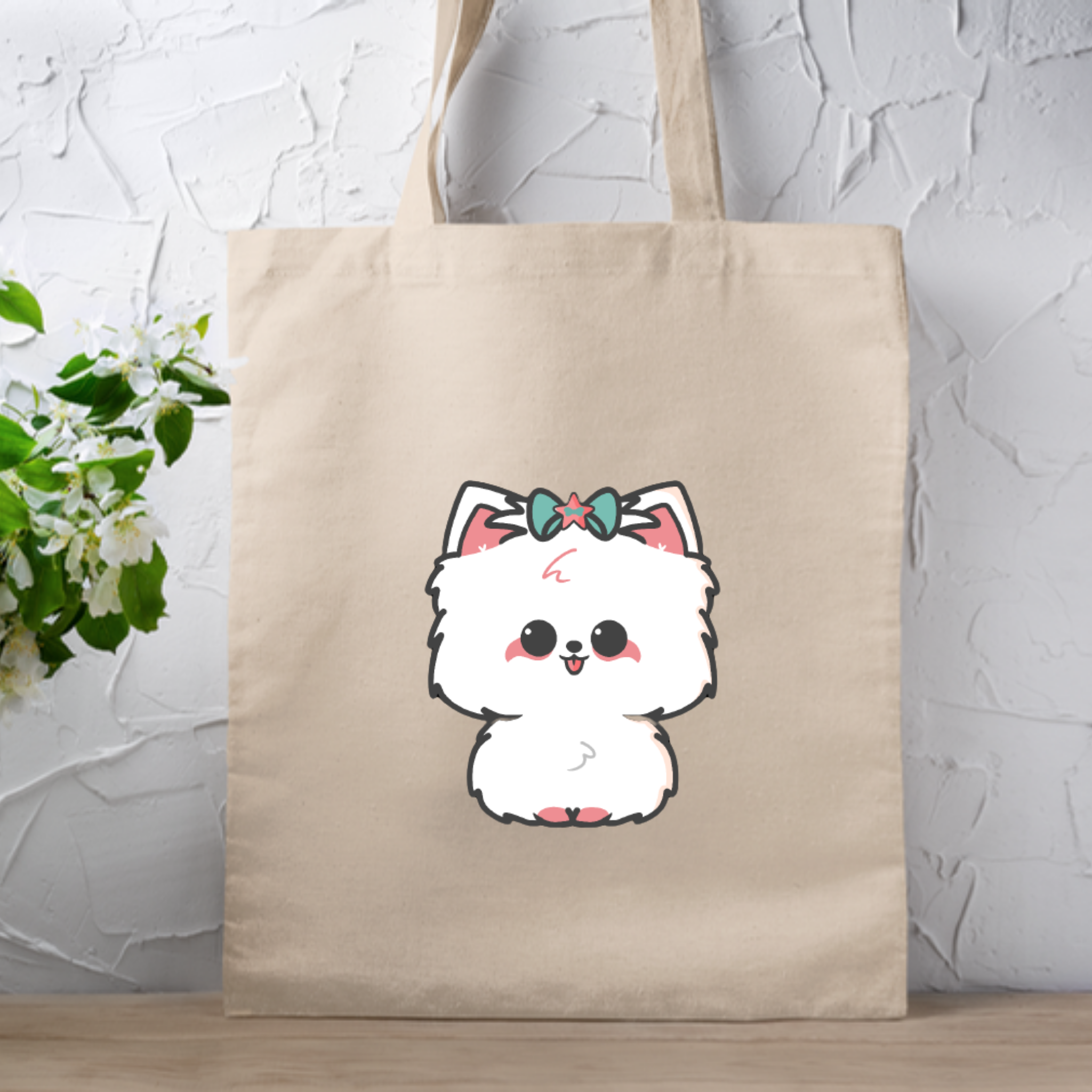 White Puppy with Bow Tote Bag