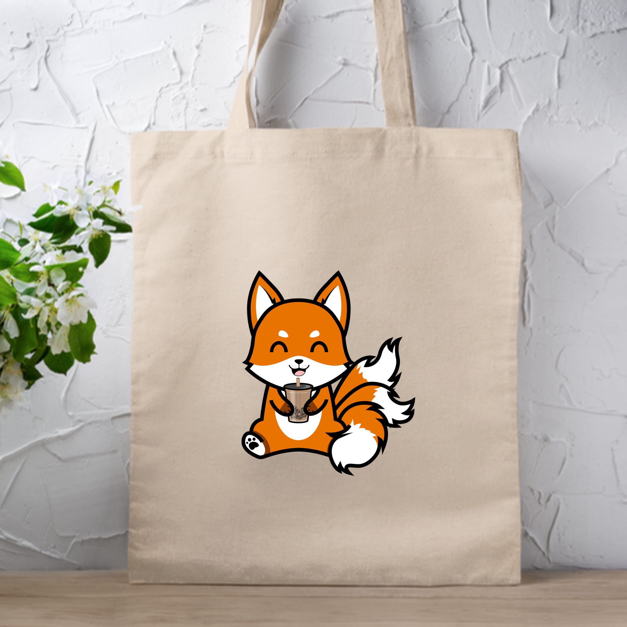 3-Tailed Fox Drinking Boba Tea Tote Bag