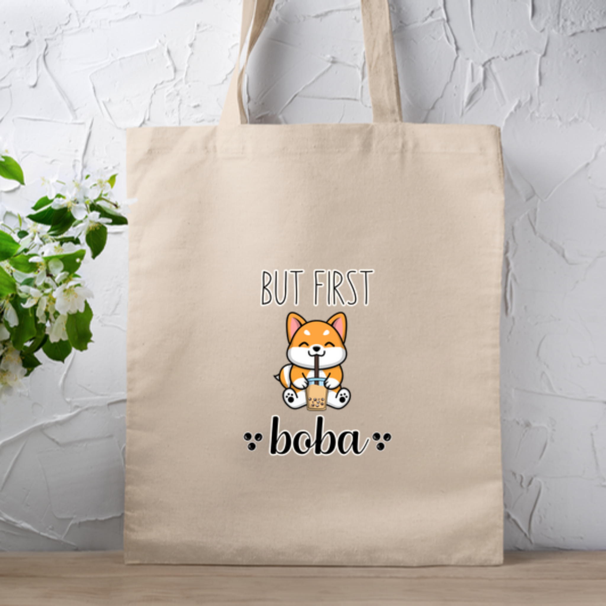 But First Boba Puppy Drinking Boba  Tote Bag