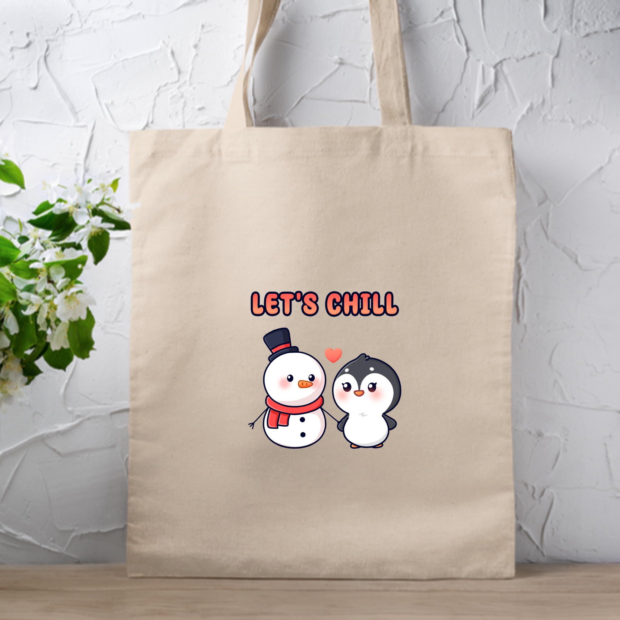 Let's Chill Snowman and Penguin Couple Tote Bag