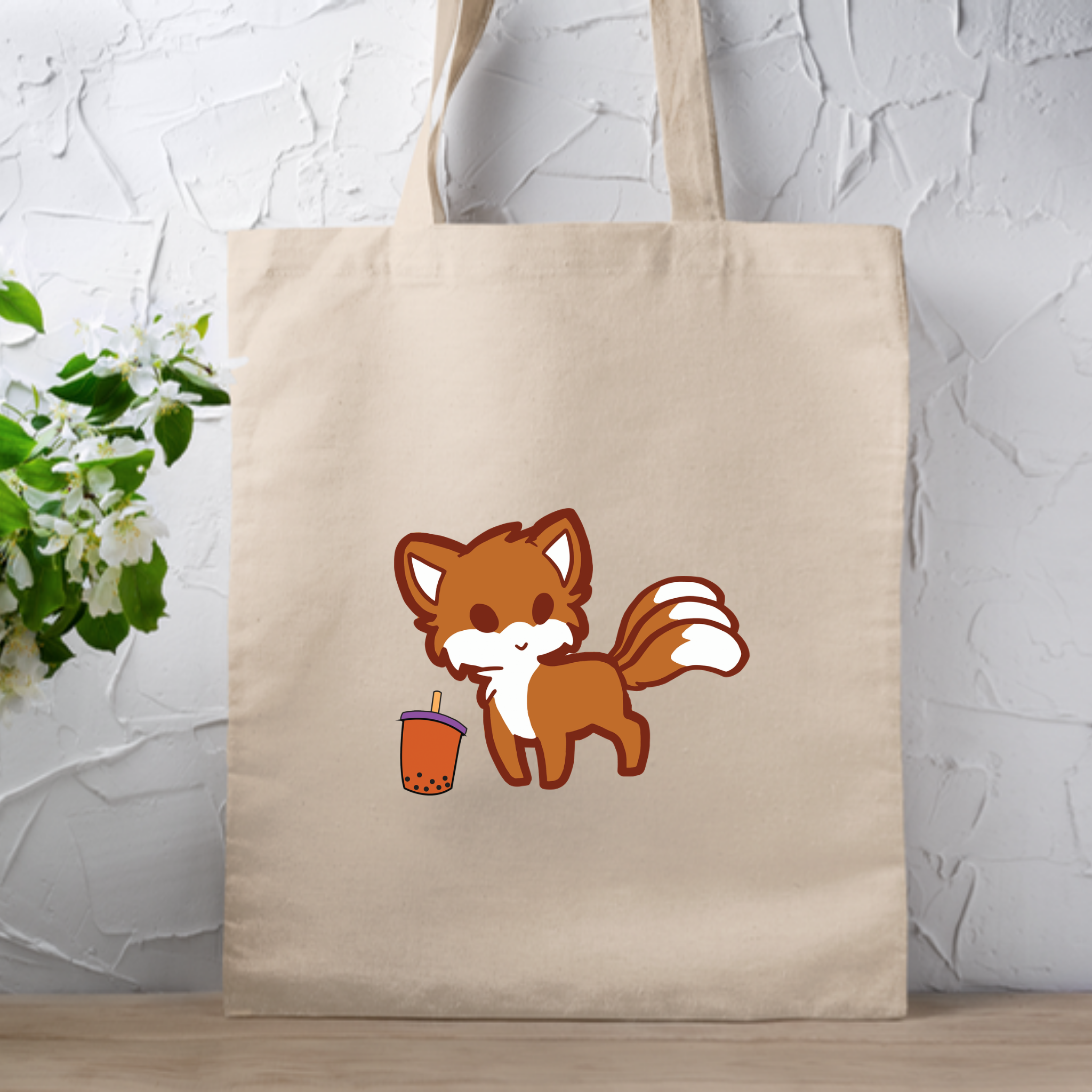 Fox Drinking Boba Tea Tote Bag