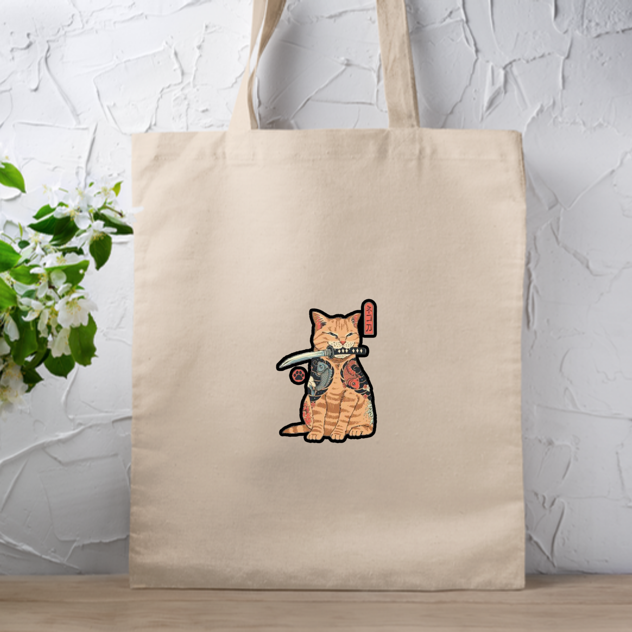 Japanese Samurai Cat Tote Bag