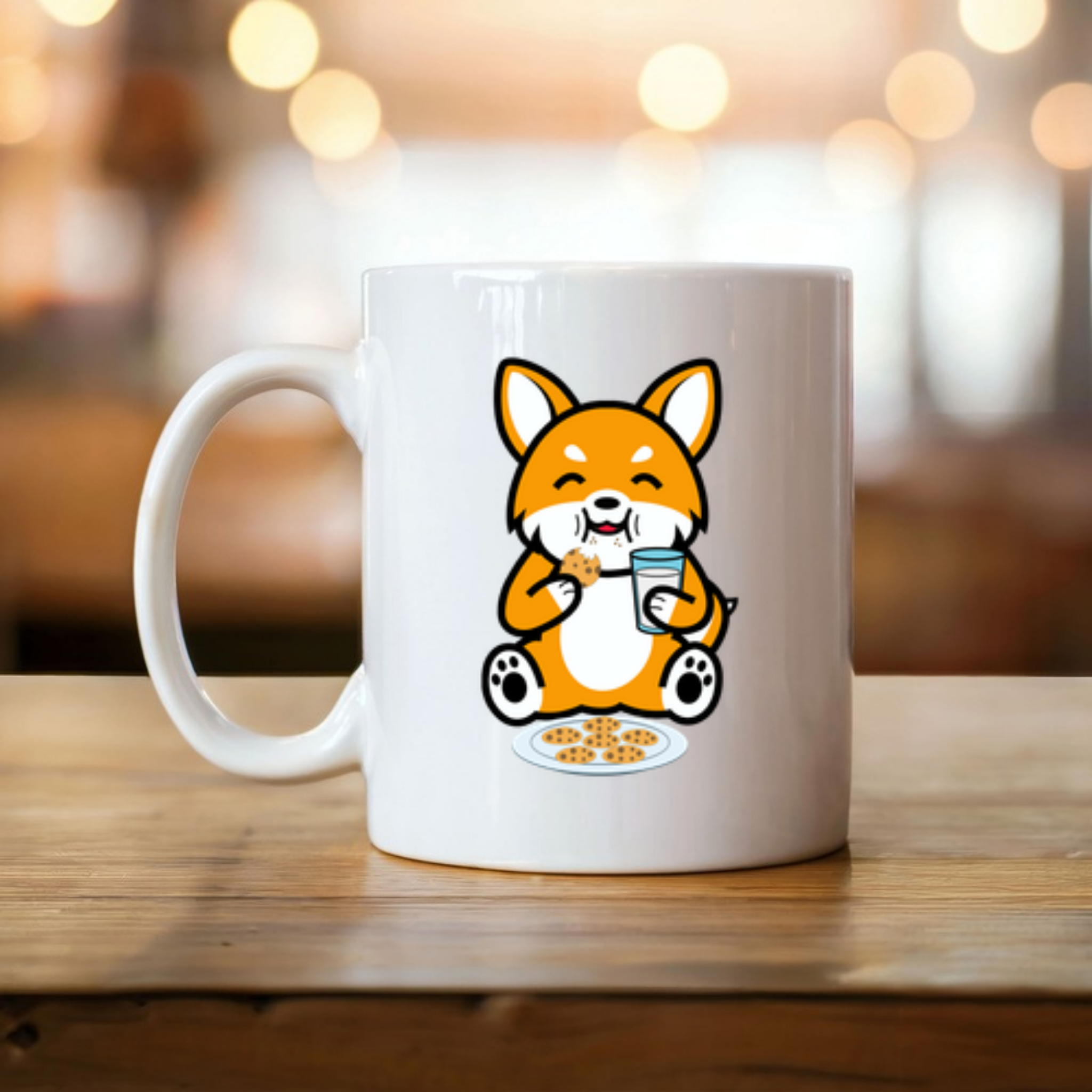 Dog Eating Cookies with Milk Mug
