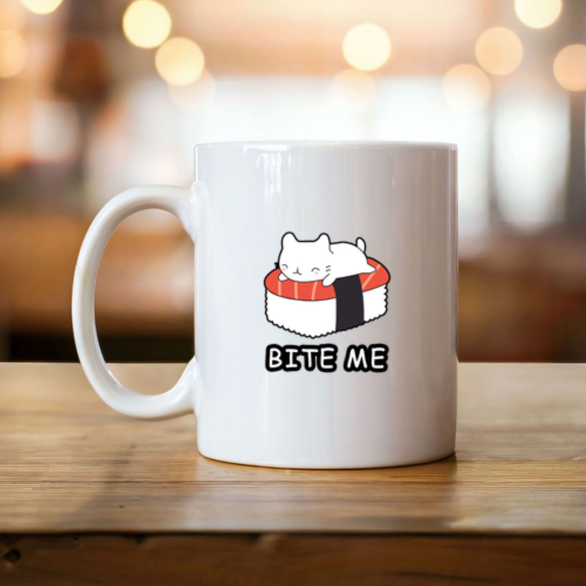 Bite Me White Kitten on Sushi Bed Mug