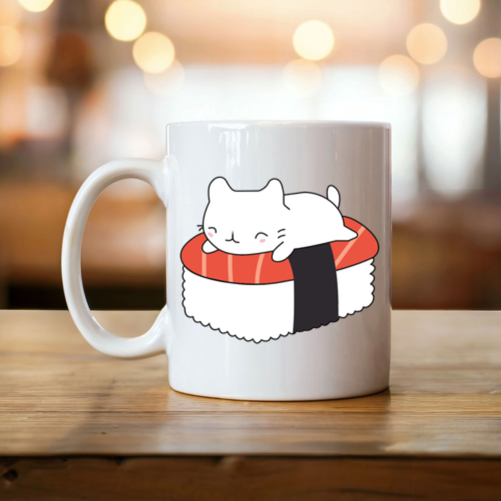 White Kitten on Sushi Bed Mug