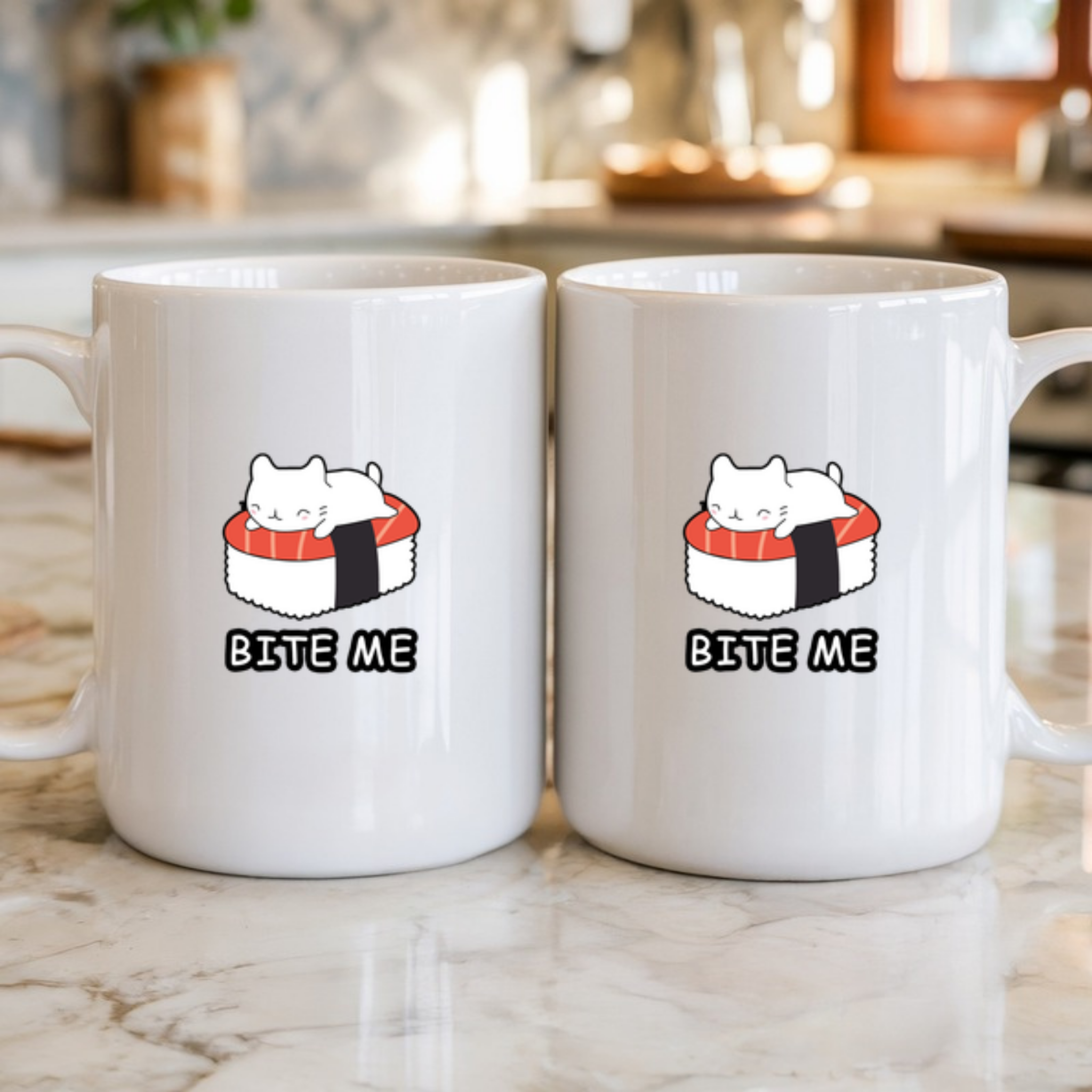 Bite Me White Kitten on Sushi Bed Mug