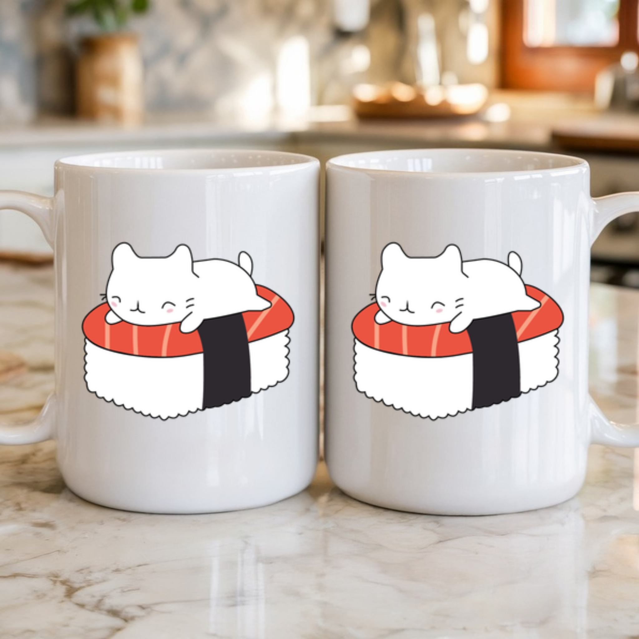 White Kitten on Sushi Bed Mug