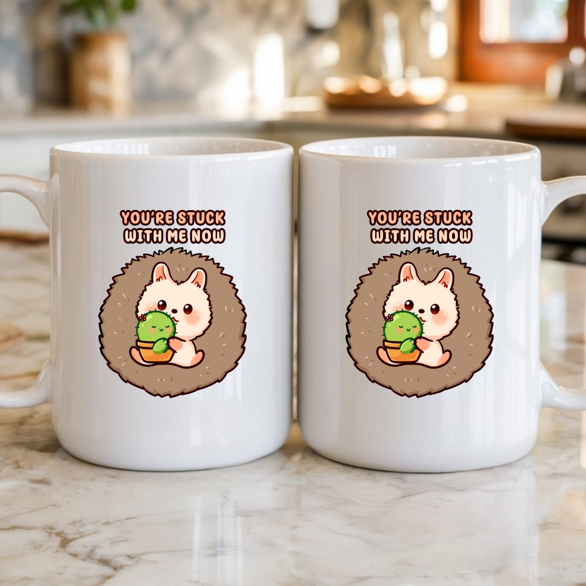 You_re Stuck with Me Now Porcupine and Succulent Cactus Couple Mug