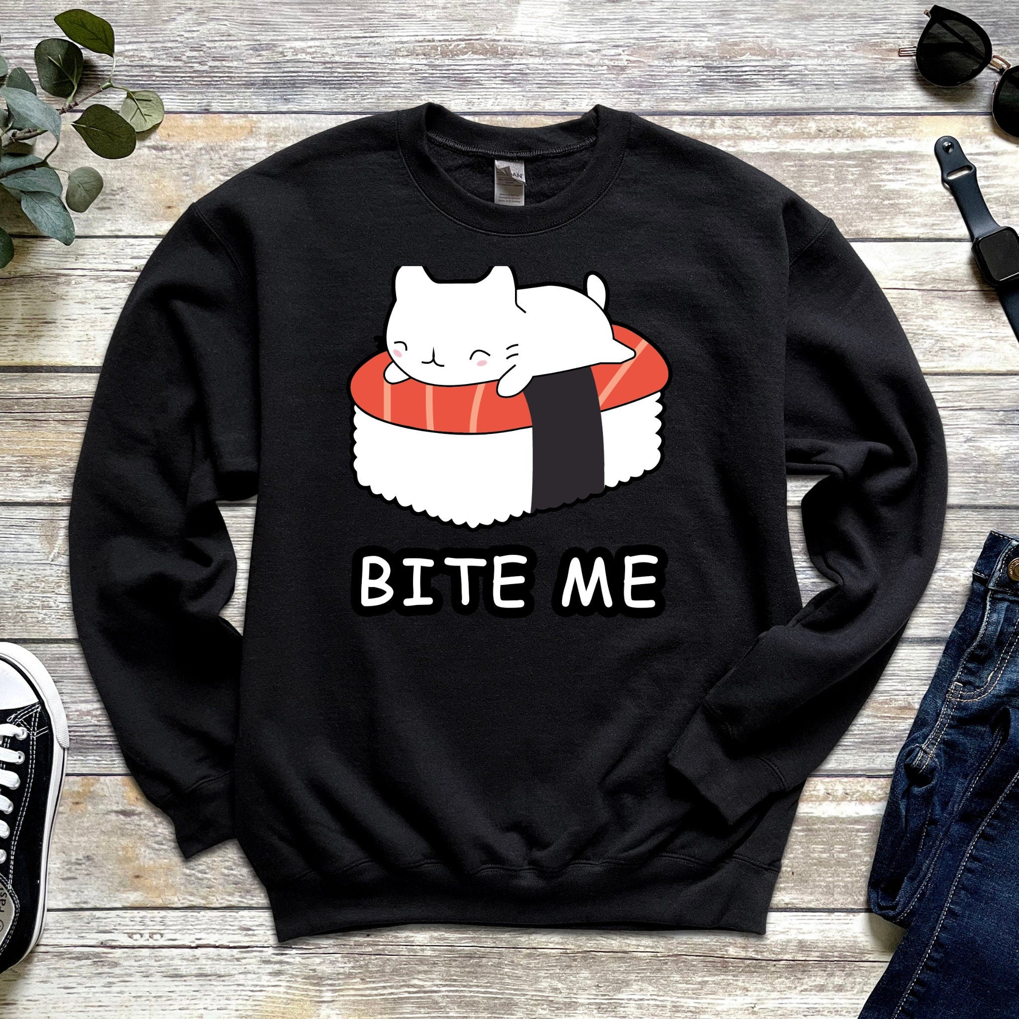 Bite Me White Kitten on Sushi Bed Sweatshirt