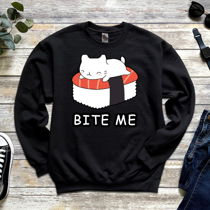 Bite Me White Kitten on Sushi Bed Sweatshirt