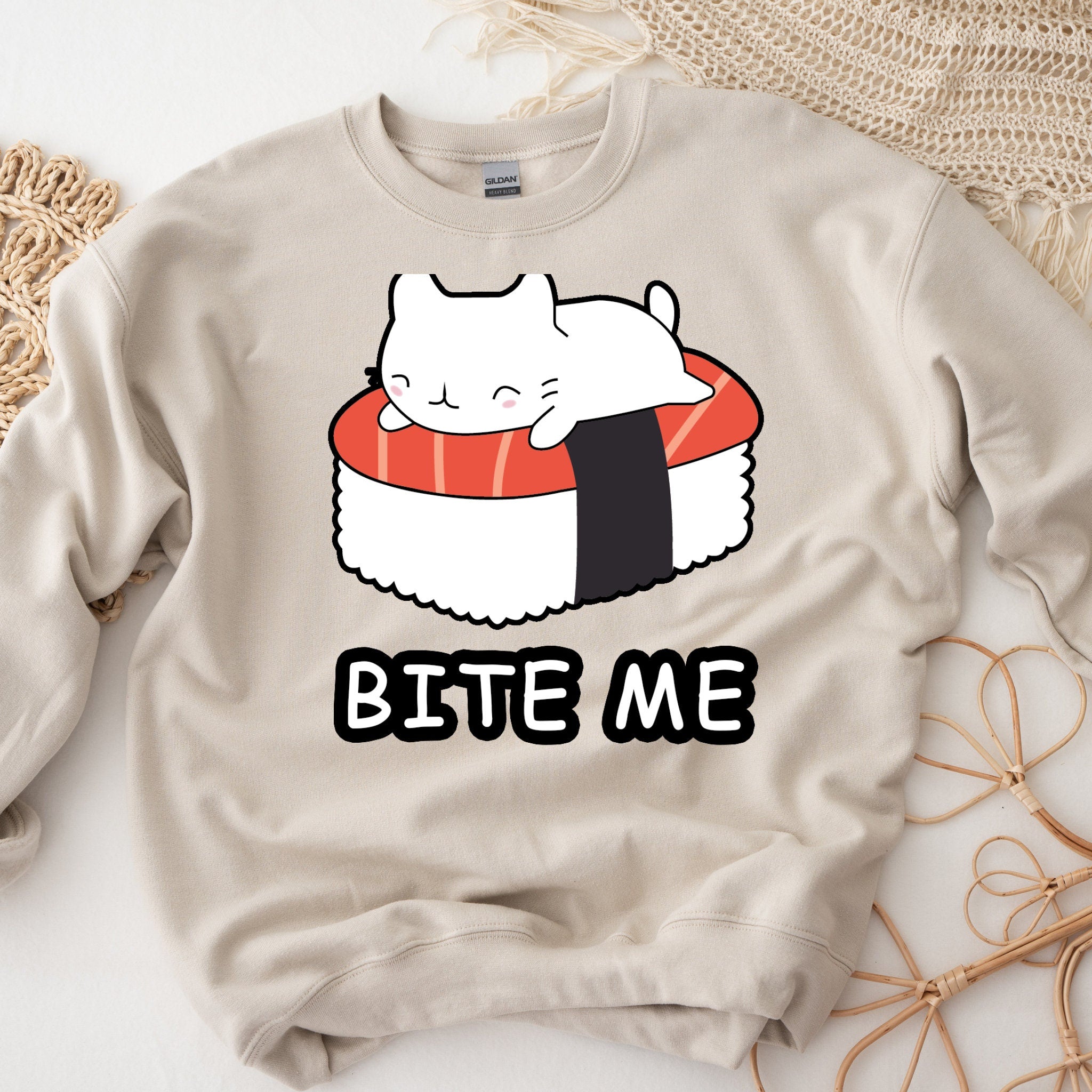 Bite Me White Kitten on Sushi Bed Sweatshirt