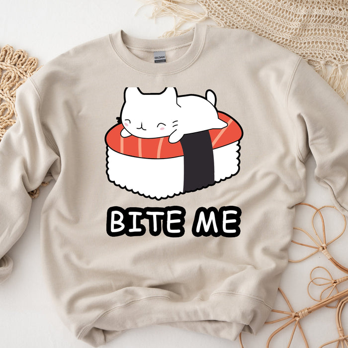Bite Me White Kitten on Sushi Bed Sweatshirt