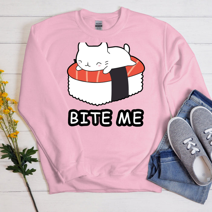 Bite Me White Kitten on Sushi Bed Sweatshirt