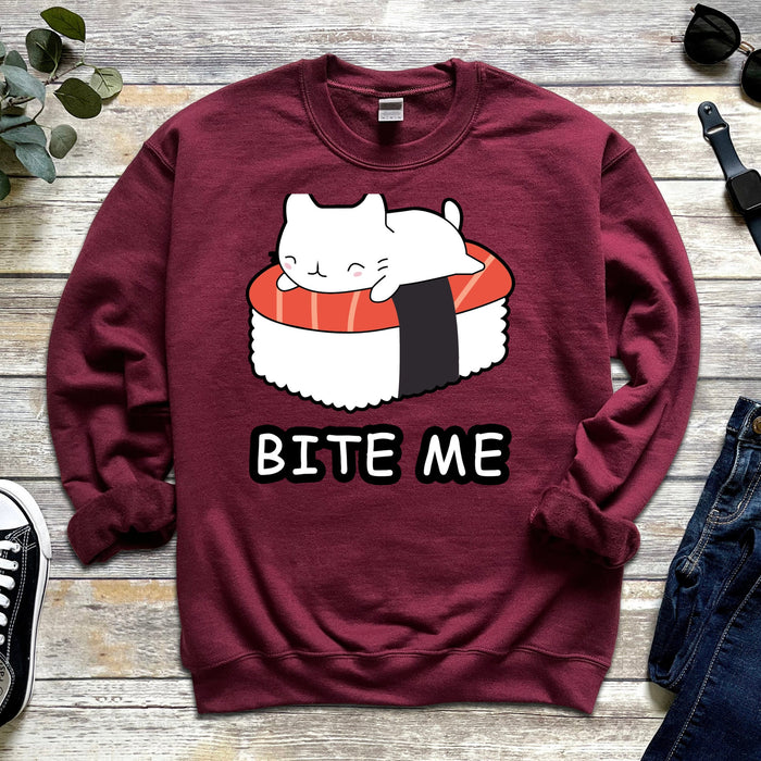 Bite Me White Kitten on Sushi Bed Sweatshirt