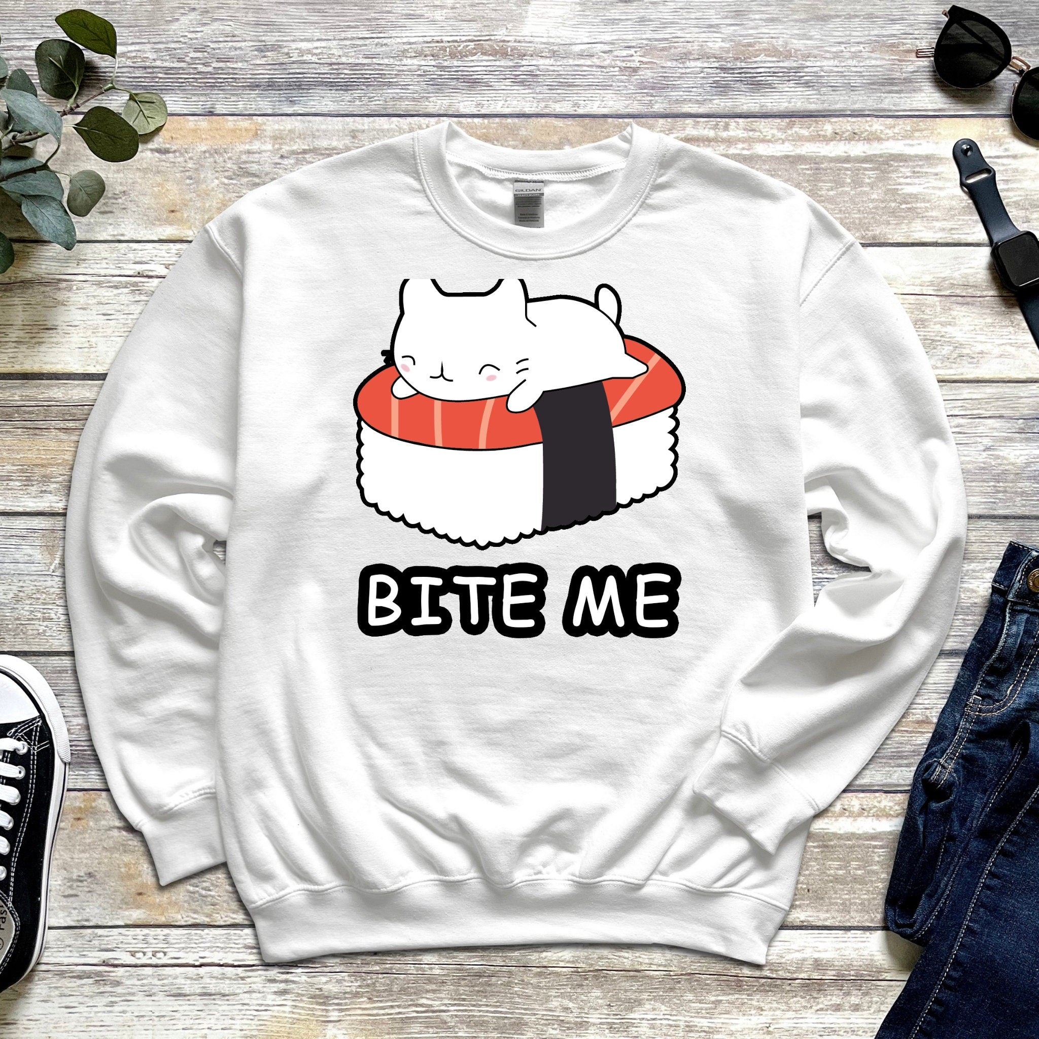 Bite Me White Kitten on Sushi Bed Sweatshirt