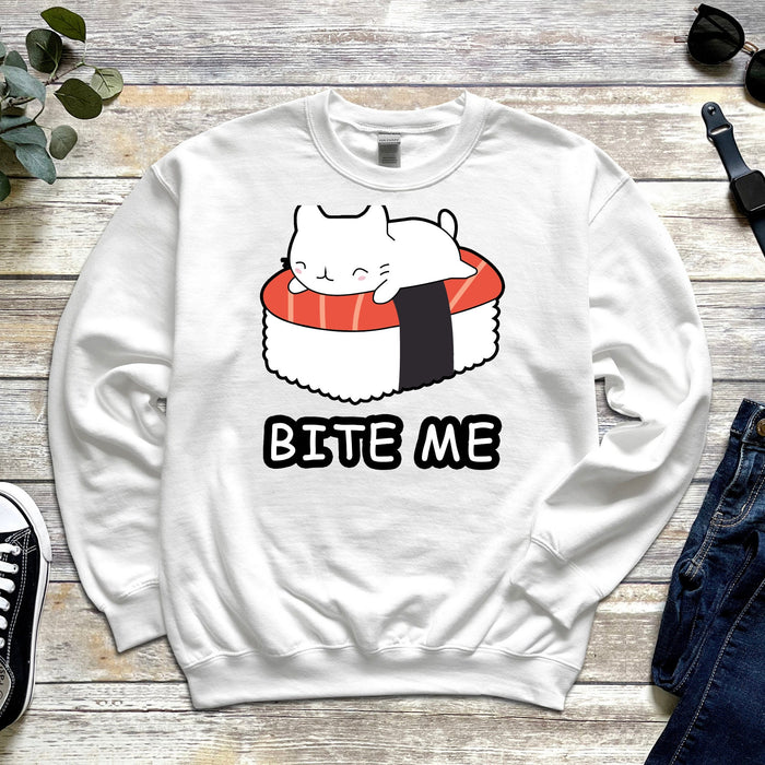 Bite Me White Kitten on Sushi Bed Sweatshirt