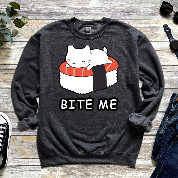 Bite Me White Kitten on Sushi Bed Sweatshirt