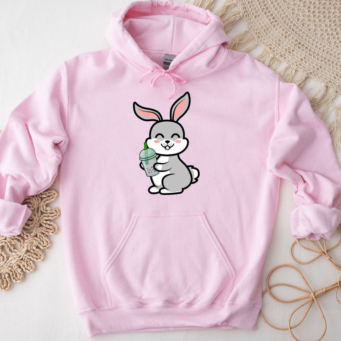 Cute Bunny Rabbit Drinking Boba Hoodie | Cute Big Eared Smiling Grey Rabbit Drinking Bubble Tea Taro Drink Japanese Streetwear Anime