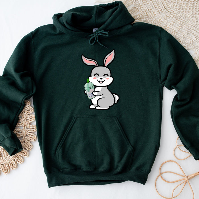 Cute Bunny Rabbit Drinking Boba Hoodie | Cute Big Eared Smiling Grey Rabbit Drinking Bubble Tea Taro Drink Japanese Streetwear Anime