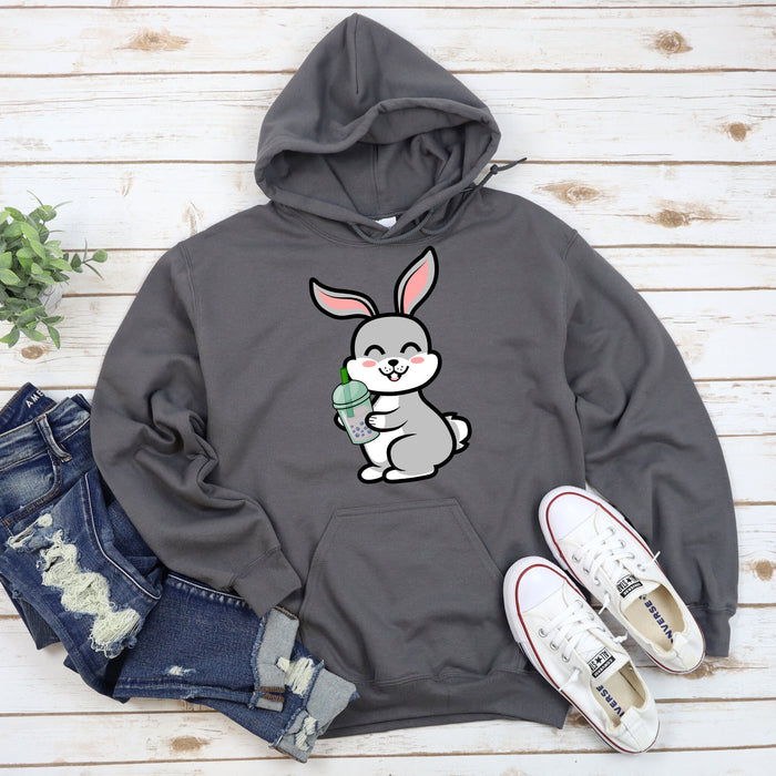 Cute Bunny Rabbit Drinking Boba Hoodie | Cute Big Eared Smiling Grey Rabbit Drinking Bubble Tea Taro Drink Japanese Streetwear Anime