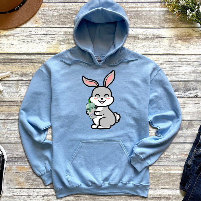 Cute Bunny Rabbit Drinking Boba Hoodie | Cute Big Eared Smiling Grey Rabbit Drinking Bubble Tea Taro Drink Japanese Streetwear Anime