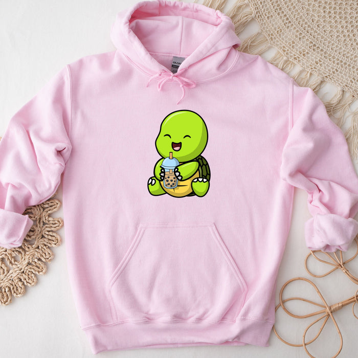 Cute Baby Turtle Drinking Boba Tea Hoodie | Cute Smiling Baby Tortoise Sitting Happy Laughing Green Shell Animal Japanese Streetwear Cartoon