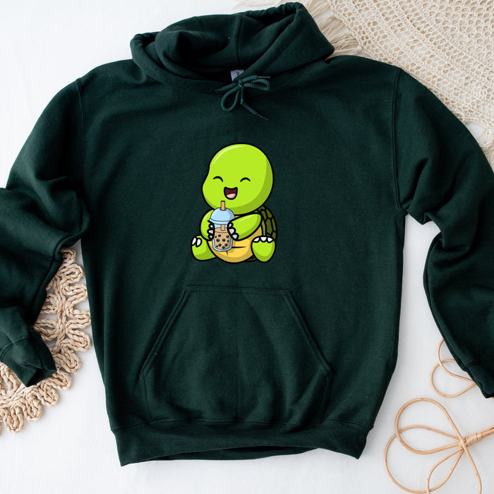 Cute Baby Turtle Drinking Boba Tea Hoodie | Cute Smiling Baby Tortoise Sitting Happy Laughing Green Shell Animal Japanese Streetwear Cartoon