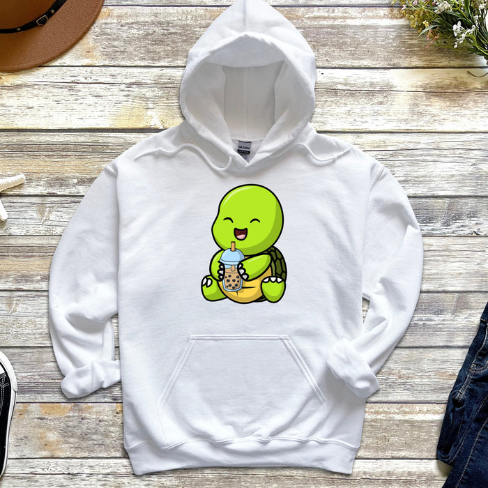 Cute Baby Turtle Drinking Boba Tea Hoodie | Cute Smiling Baby Tortoise Sitting Happy Laughing Green Shell Animal Japanese Streetwear Cartoon